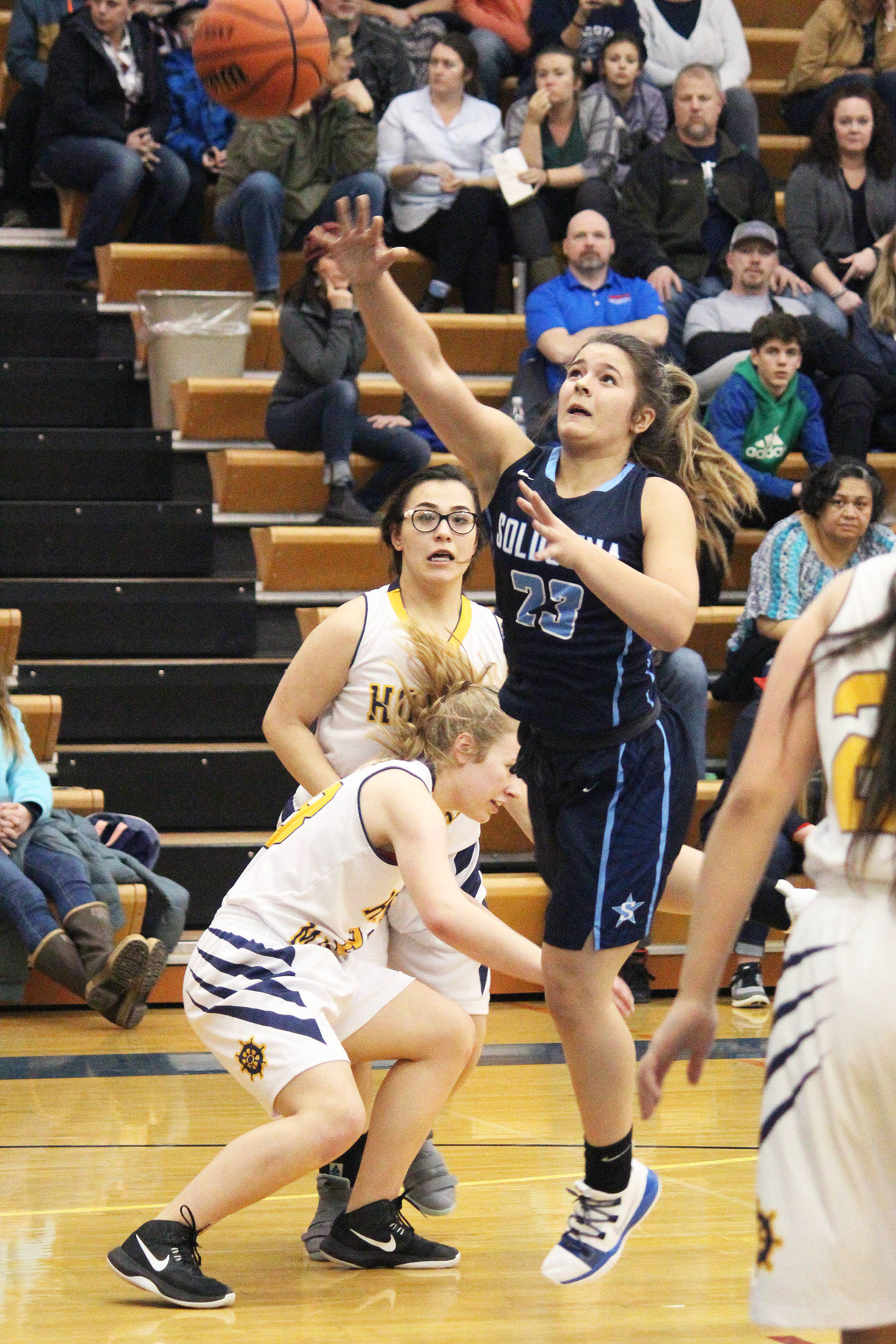 Soldotna High School’s Mikayla Leadens takes a shot at Homer’s basket during a Tuesday, Jan. 15, 2019 game in Homer, Alaska. (Photo by Megan Pacer/Homer News)