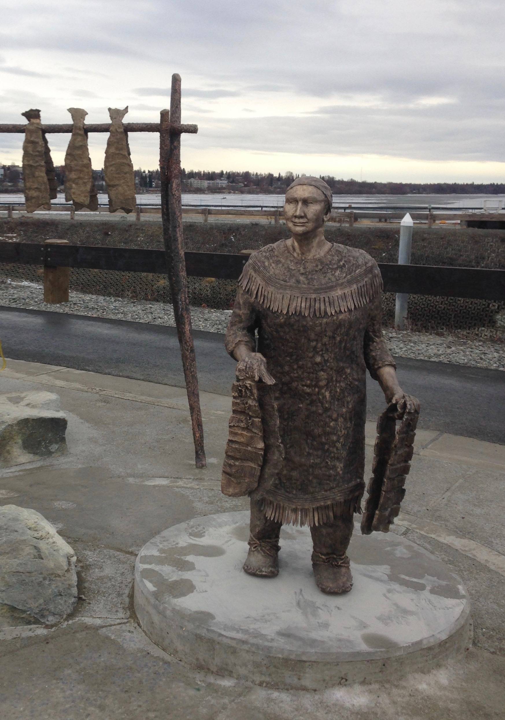 A bronze statue near Anchorages Ship Creek represents Olga, an elder and matriarch for the Denaina people north of Anchorage. (Photo courtesy of Joel Isaak)