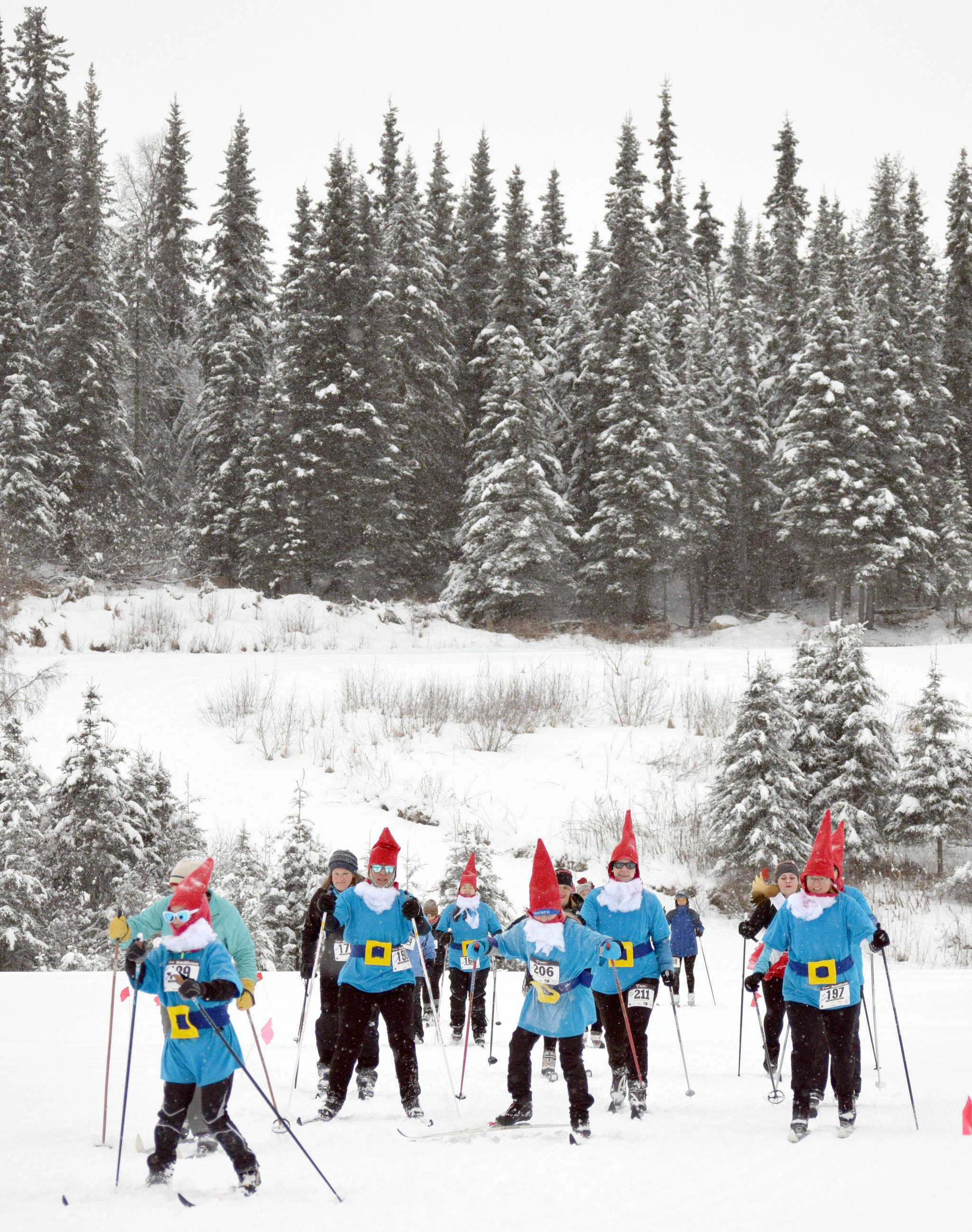 Lucia Carson leads a group of gnomes and other Ski for Women participants Sunday, Feb. 3, 2019, at Tsalteshi Trails. (Photo by Jeff Helminiak/Peninsula Clarion)