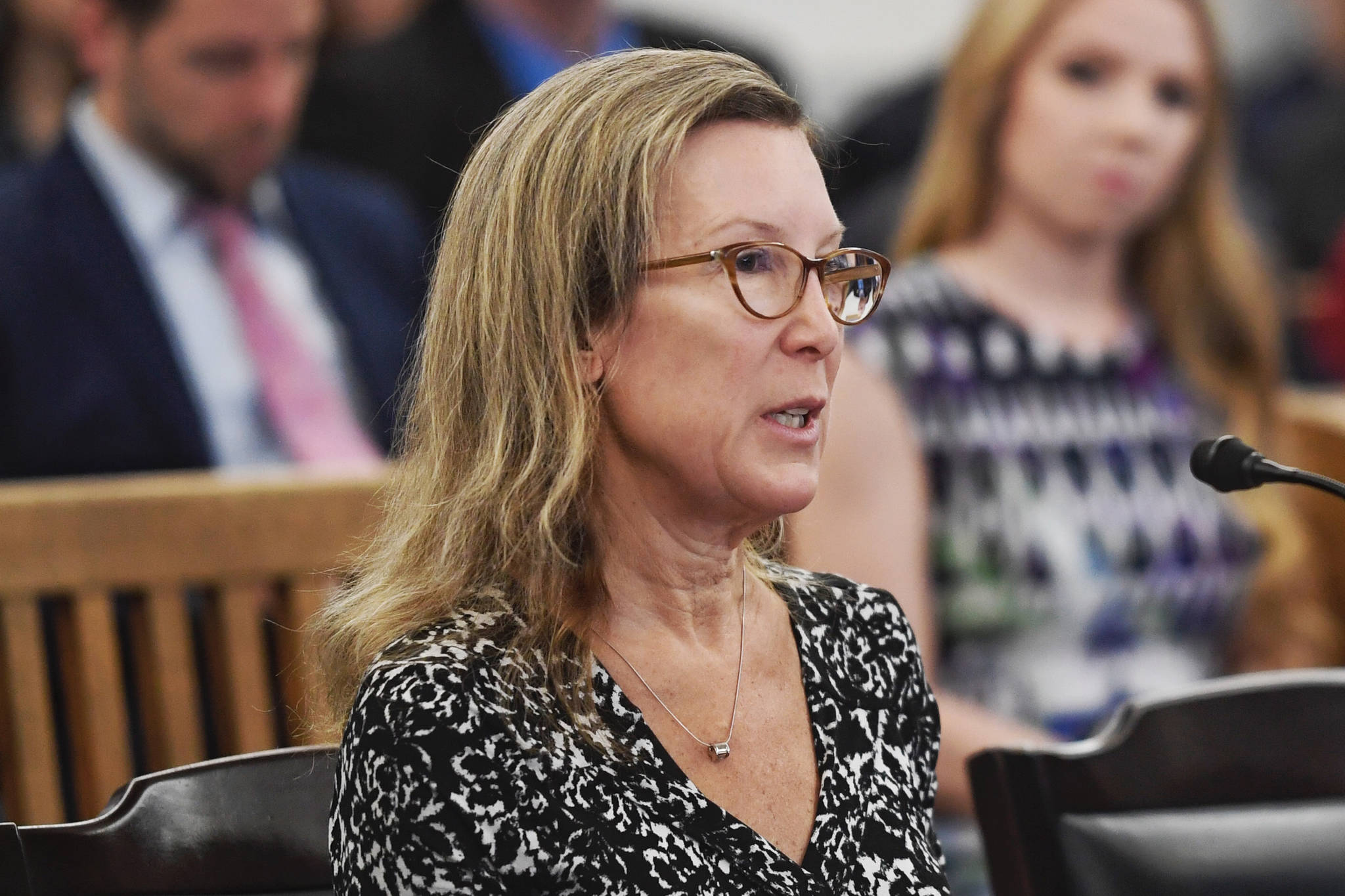 Gov. Mike Dunleavy’s Office of Management and Budget Director Donna Arduin presents the governor’s supplemental budget to the Senate Finance Committee at the Capitol on Tuesday, Jan. 29, 2019. (Michael Penn | Juneau Empire)