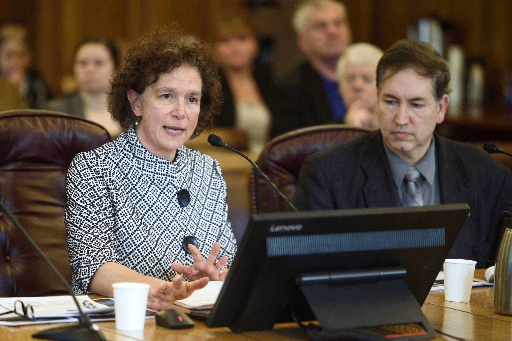 Susan Bell, of the McDowell Group, and Robert Venables, executive director of Southeast Conference, present information about the Alaska Marine Highway Systems during an information meeting for House members at the Capitol on Tuesday, Feb. 5, 2019. (Michael Penn | Juneau Empire)