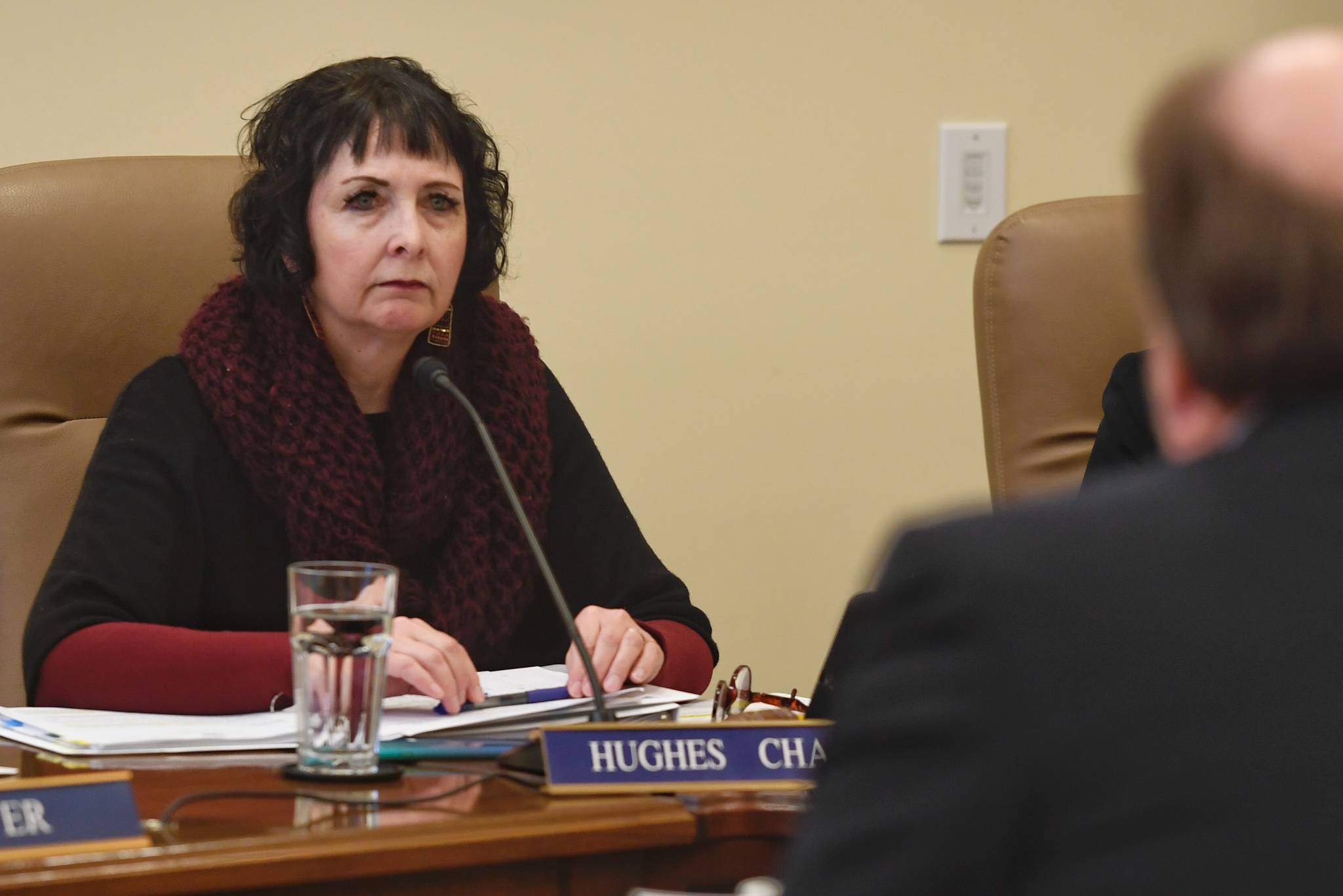 Senate Judiciary Committee Chair Sen. Shelley Hughes, R-Wasilla, listens to Attorney General Kevin Clarkson speak about Gov. Mike Dunleavy’s four crime bills at the Capitol on Wednesday, Feb. 6, 2019. (Michael Penn | Juneau Empire)