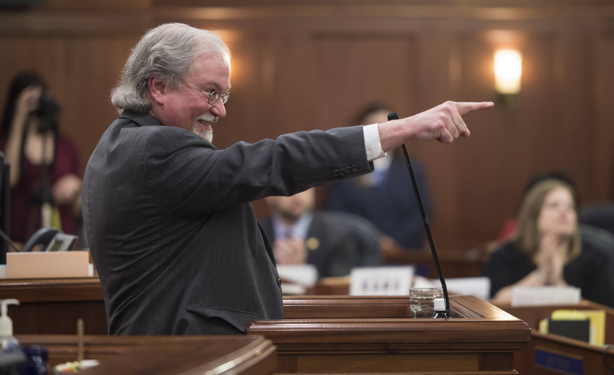 Alaska Supreme Court Chief Justice Craig Stowers calls out his staff sitting in the gallery during his State of the Judiciary address before a joint session of the Alaska Legislature at the Capitol on Wednesday, Feb. 7, 2018. (Michael Penn | Juneau Empire File)