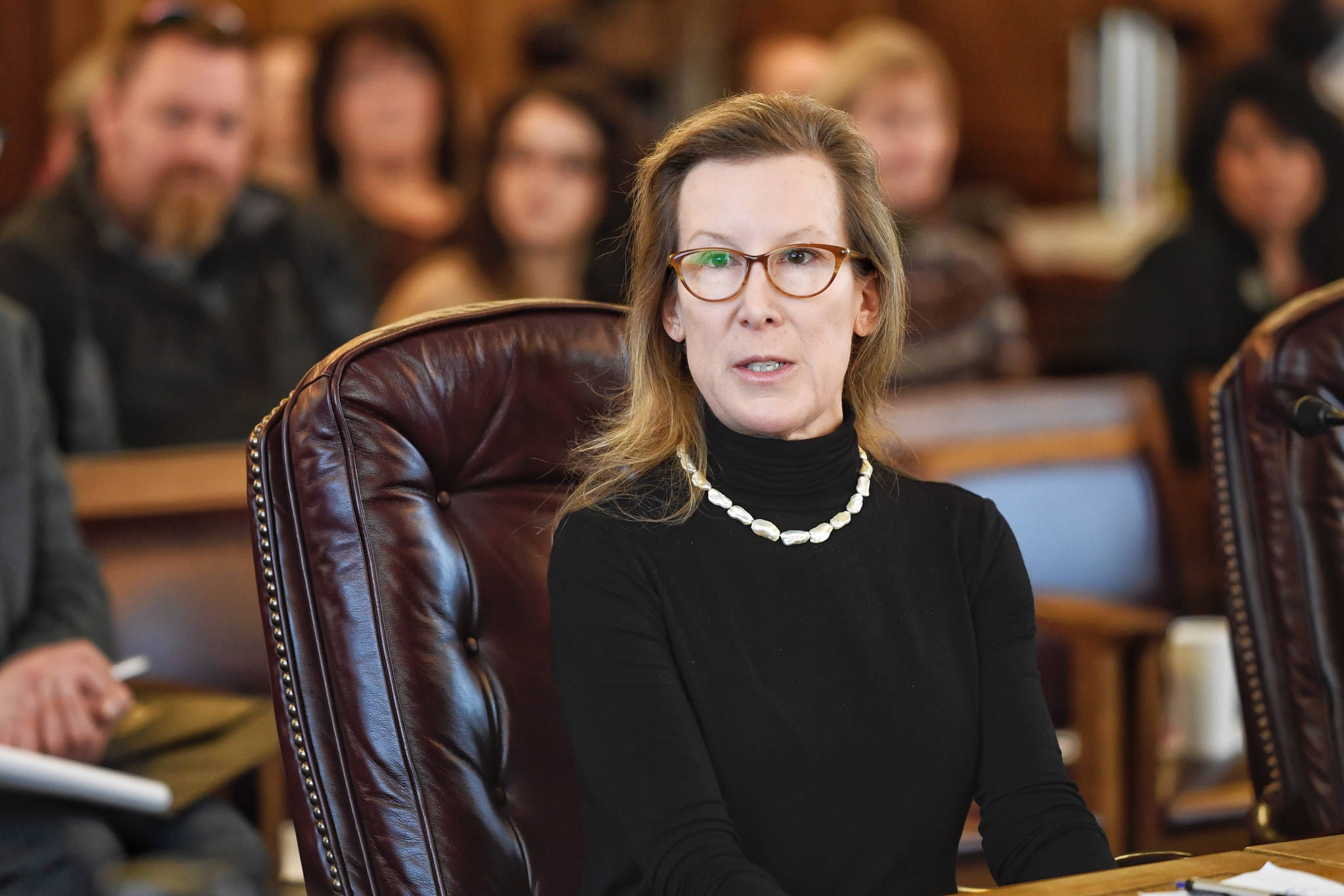 Donna Arduin, Director of the Office of Management and Budget, speaks to House members during an informational meeting at the Capitol on Thursday, Feb. 7, 2019. (Michael Penn | Juneau Empire)