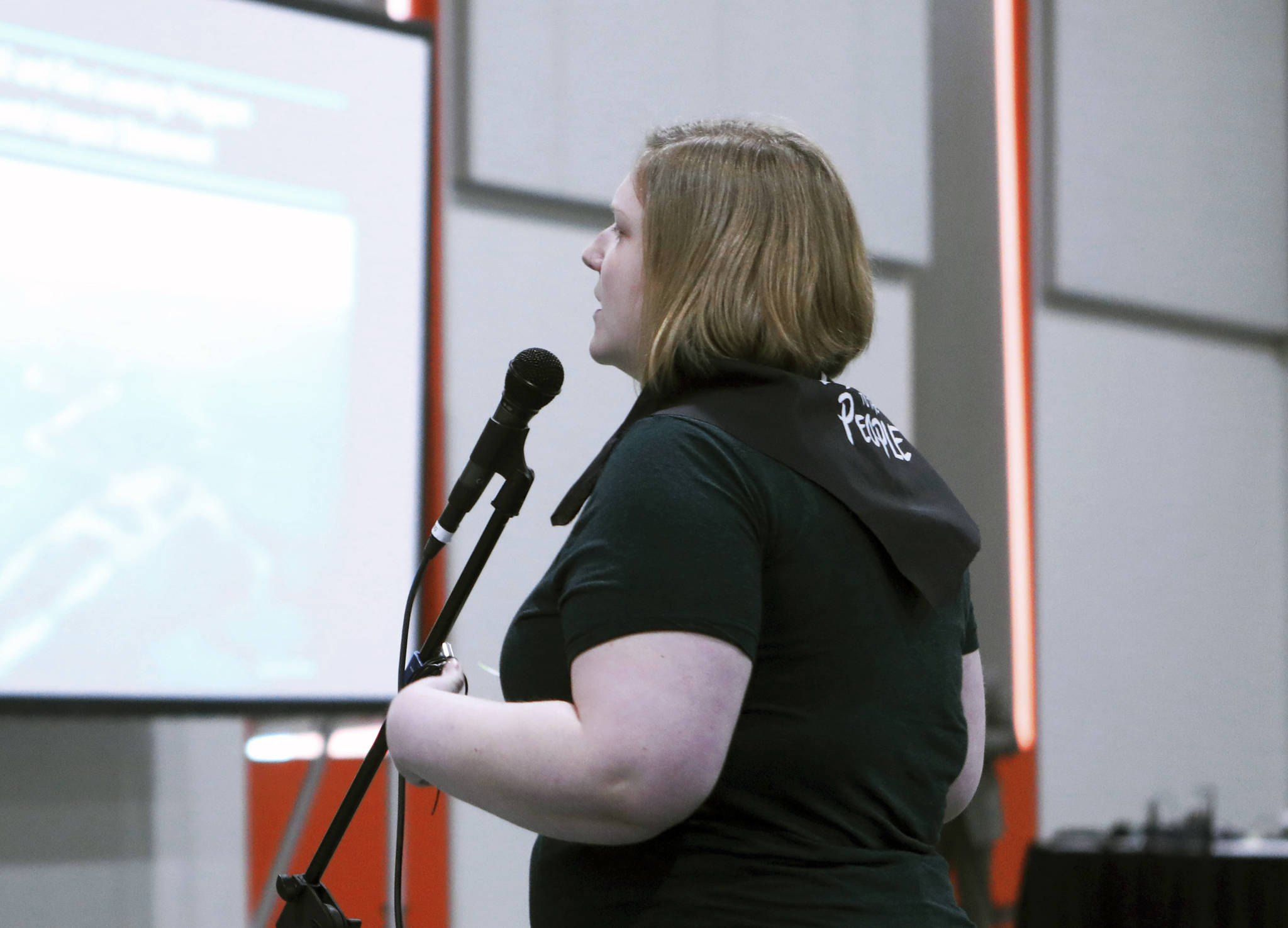 Laura Herman urges Interior Department officials to not allow petroleum drilling in Alaska’s Arctic National Wildlife Refuge at a hearing on Monday, Feb. 11, 2019, in Anchorage, Alaska. Congress in December 2017 approved a tax bill that requires oil and gas lease sales in the refuge to raise revenue for a tax cut backed by President Donald Trump. (AP Photo/Dan Joling)