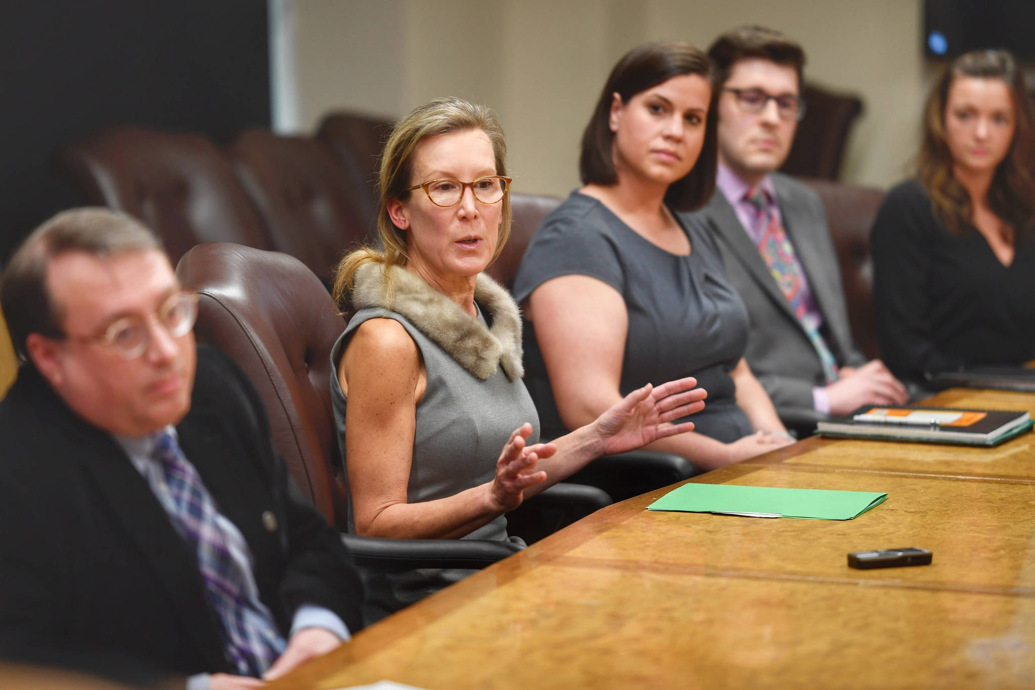OMB Director Donna Arduin and members of her budget team takes time to explain Gov. Mike Dunleavy’s state budget at the Capitol on Wednesday, Feb. 13, 2019. (Michael Penn | Juneau Empire)