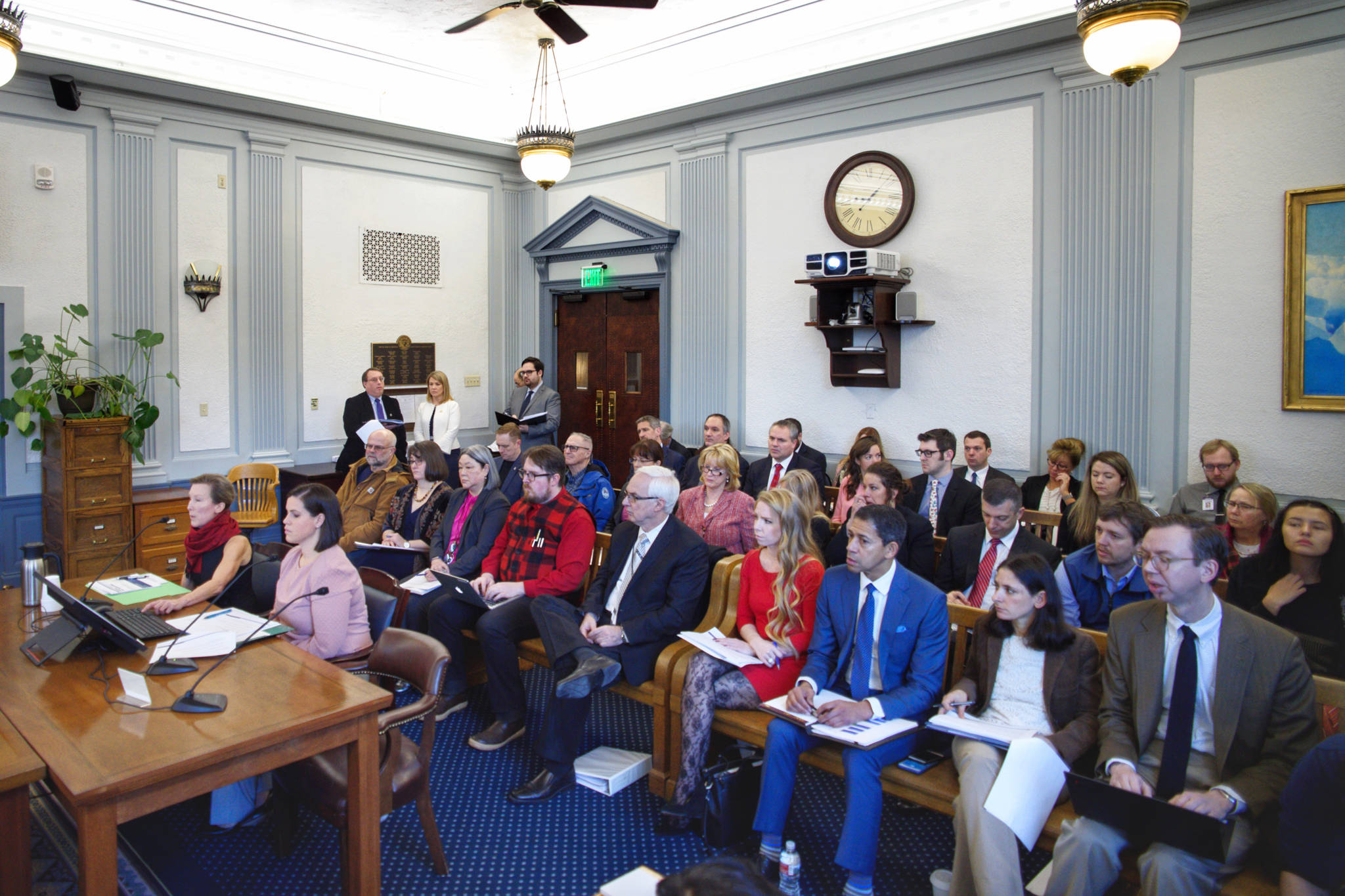 Donna Arduin, Director of the Office of Budget and Management, left, and Lacey Sanders, Budget Director for OMB, present Gov. Mike Dunleavy’s state budget in front of the Senate Finance Committee at the Capitol on Thursday, Feb. 14, 2019. (Michael Penn | Juneau Empire)