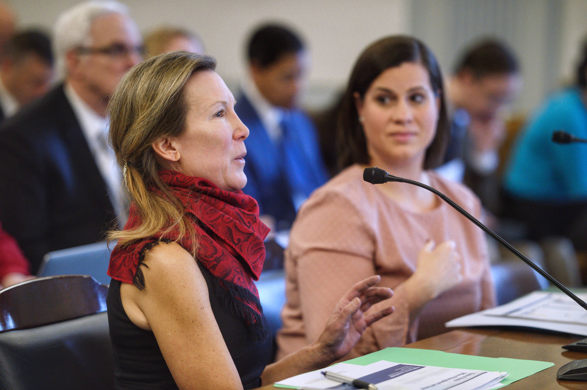 Donna Arduin, Director of the Office of Budget and Management, left, and Lacey Sanders, Budget Director for OMB, present Gov. Mike Dunleavy’s state budget in front of the Senate Finance Committee at the Capitol on Thursday, Feb. 14, 2019. (Michael Penn | Juneau Empire)