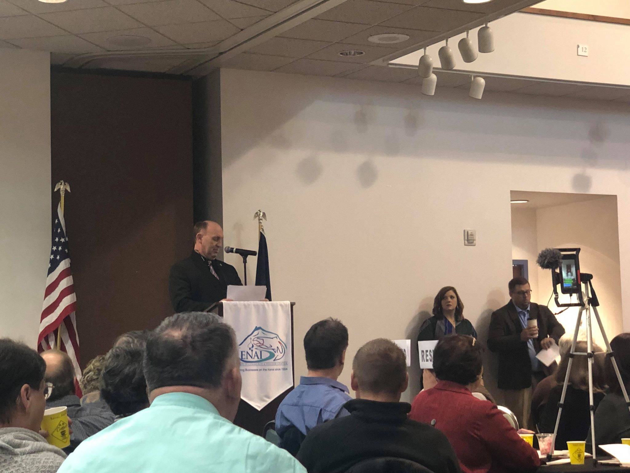 Rep. Gary Knopp speaks to a sold-out Joint Chamber Breakfast On Friday, in Kenai. (Photo by Victoria Petersen/Peninsula Clarion)