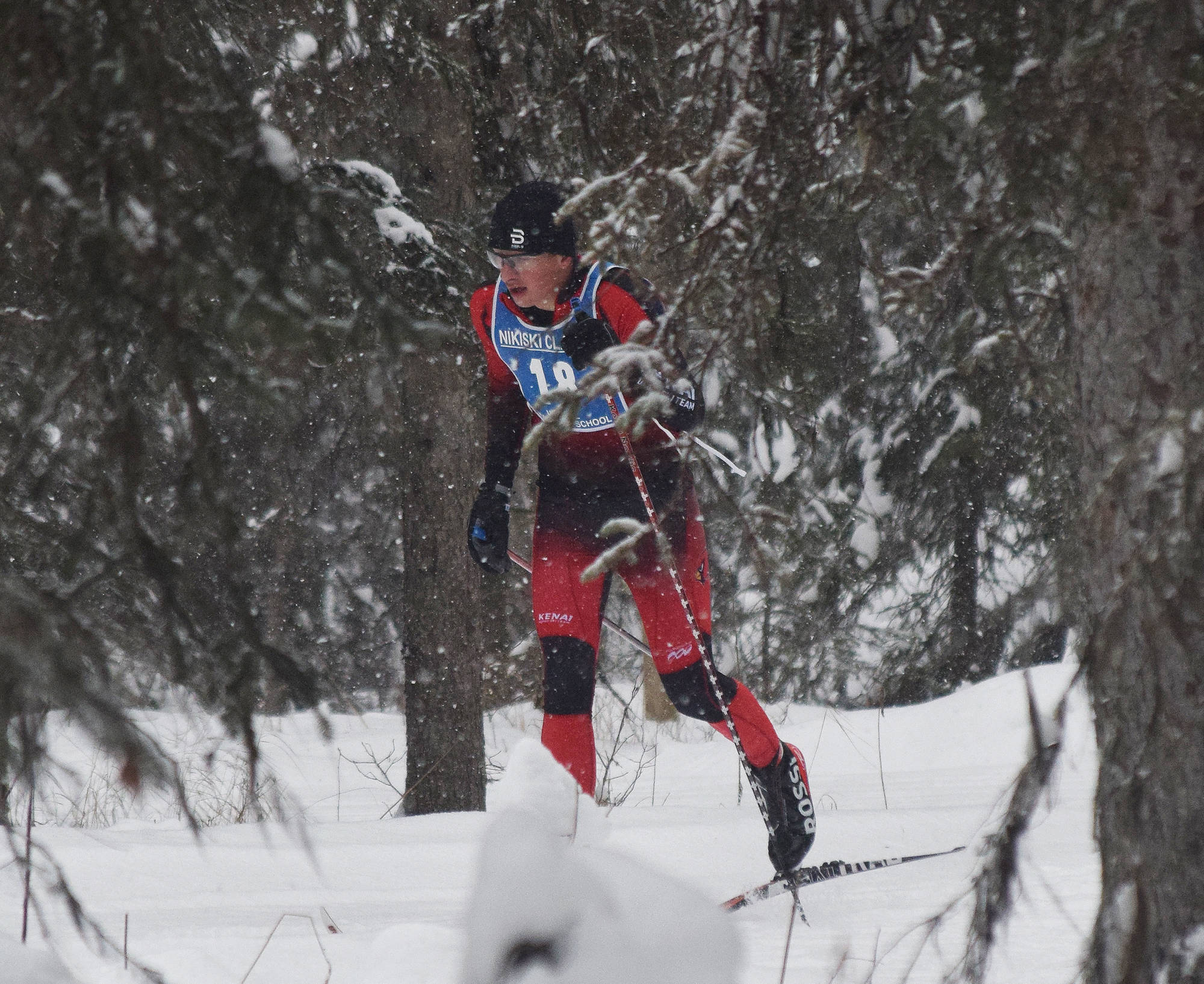 Kenai’s Josh Foster races Saturday afternoon in the boys relay at the Kenai Peninsula Borough nordic ski meet at the Tsalteshi Trails in Soldotna. (Photo by Joey Klecka/Peninsula Clarion)