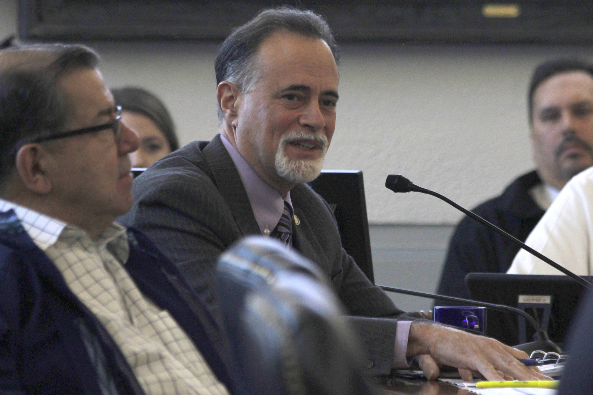 Sen. Peter Micciche, R-Soldotna, poses questions to Department of Corrections and Office of Management and Budget officials during a Senate Finance Committee meetingon Friday, Feb. 15, 2019. (Alex McCarthy | Juneau Empire)
