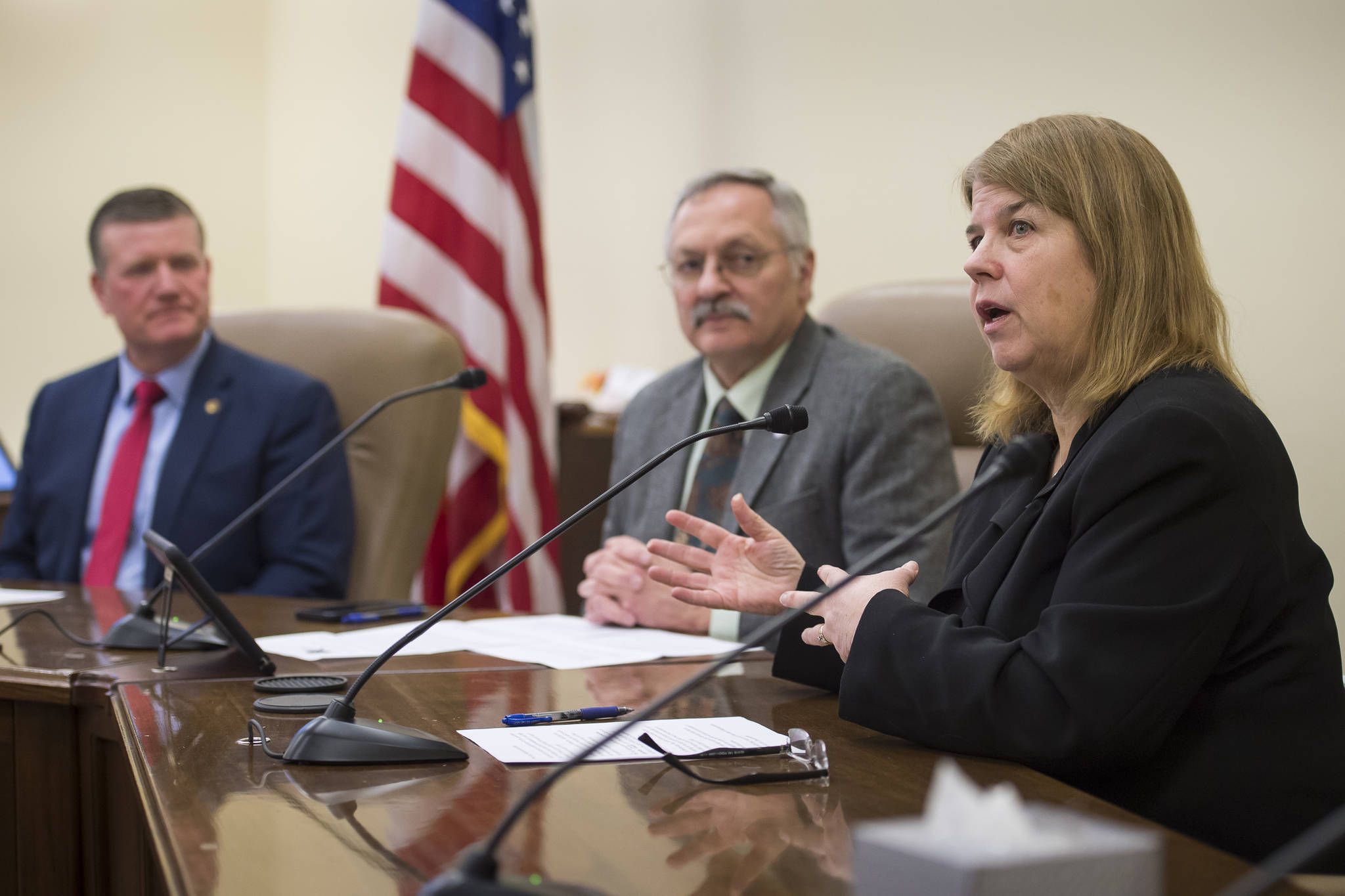 In this Jan. 21, 2019 file photo, Rep. Tammie Wilson, R-North Pole, right, Rep. Dave Talerico, R-Healy, center, and Rep. Chuck Kopp, R-Anchorage, speak at a House Republican Caucus press conference at the Capitol. Wilson joined the House Majority Coalition on Thursday. She was also named co-chair of the House Finance Committee. (Michael Penn | Juneau Empire)