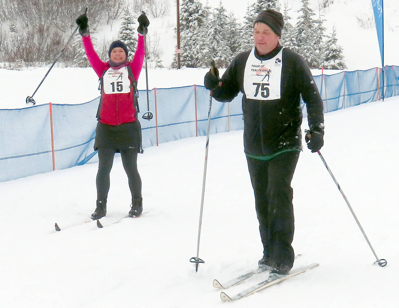 Marly and Jeff Perschbacher finish the 20-kilometer classic ski at the Tour of Tsalteshi at Tsalteshi Trails on Sunday. (Photo courtesy of Jenny Neyman/Tsalteshi Trails)