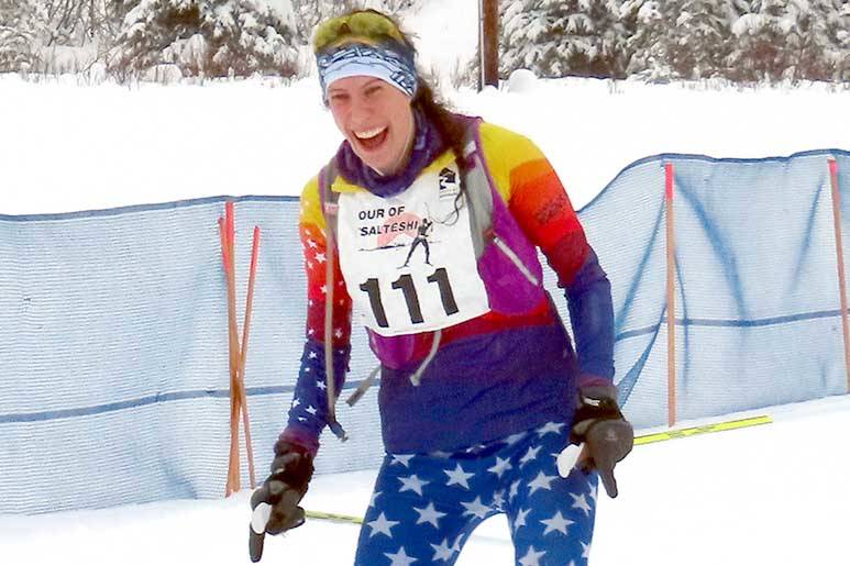 Homer’s Tara Schmidt is all smiles after finishing the 40-kilometer freestyle race despite breaking a ski early in the race Sunday in the Tour of Tsalteshi. (Photo courtesy of Jenny Neyman/Tsalteshi Trails)