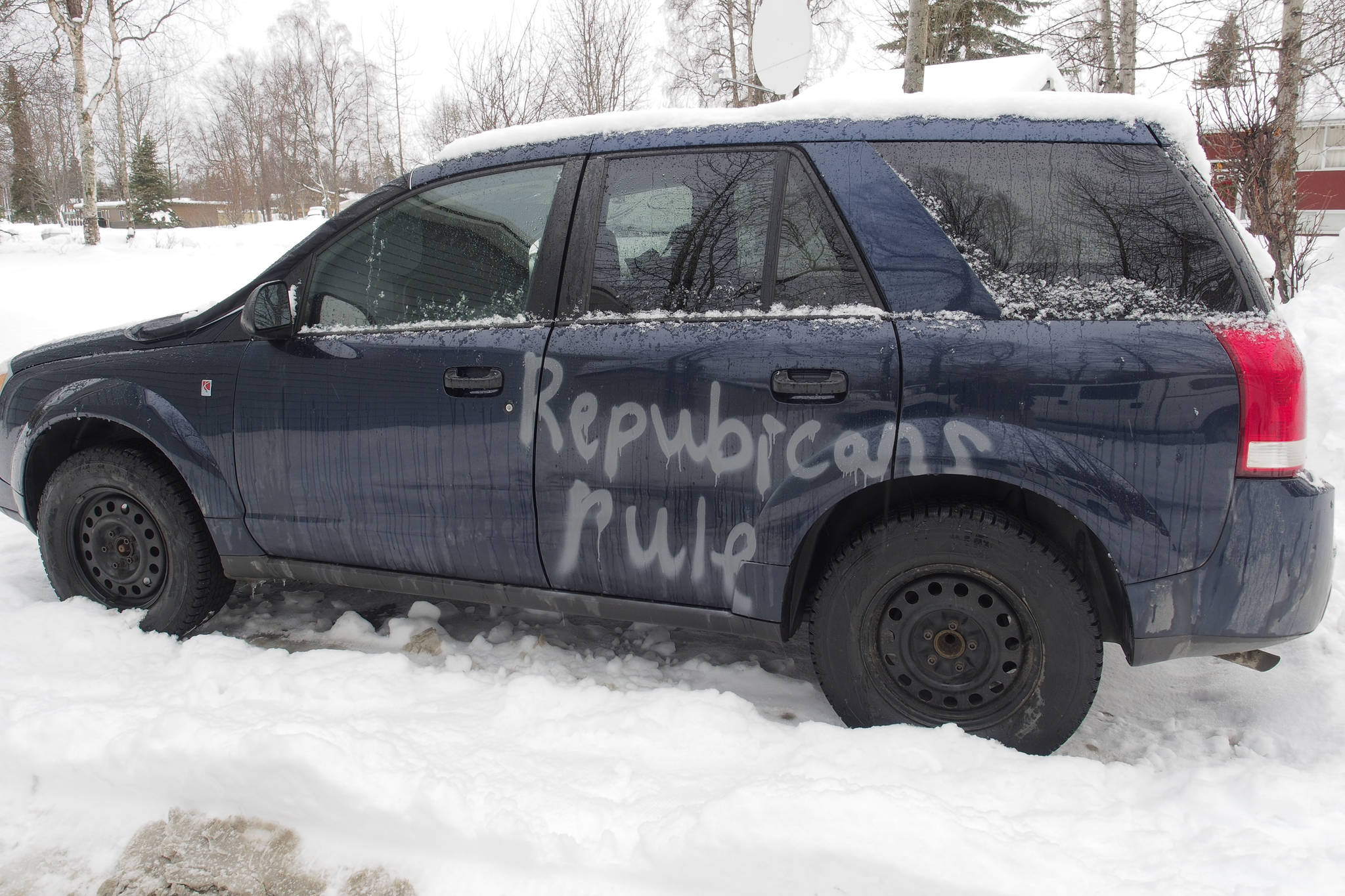 Deirdre Coval’s vandalized car sits outside her house on Feb. 18, 2019. (Photo courtesy of Deirdre Coval)