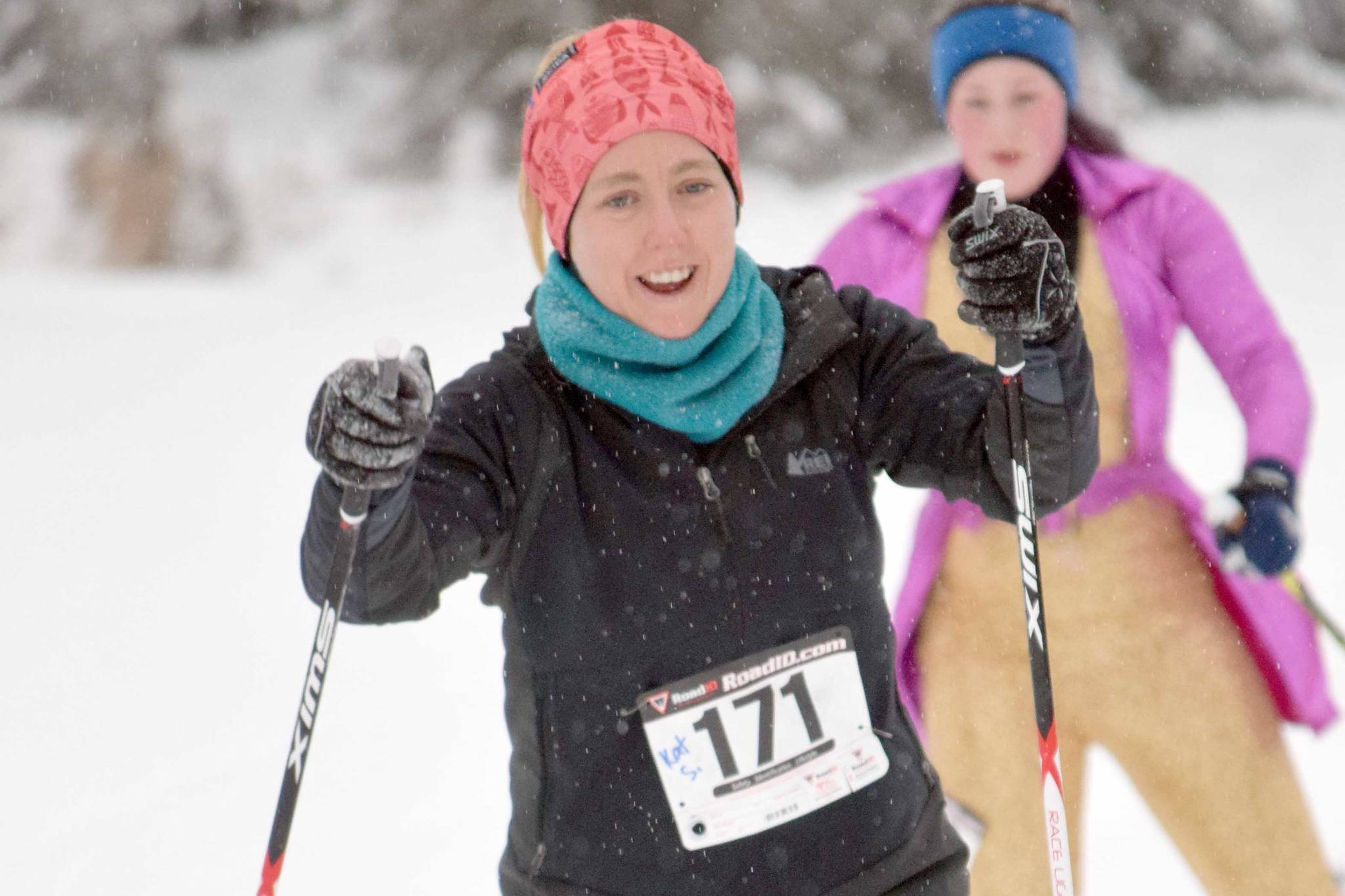 The author skis at the Ski for Women earlier this winter. (Photo by Jeff Helminiak/Peninsula Clarion)