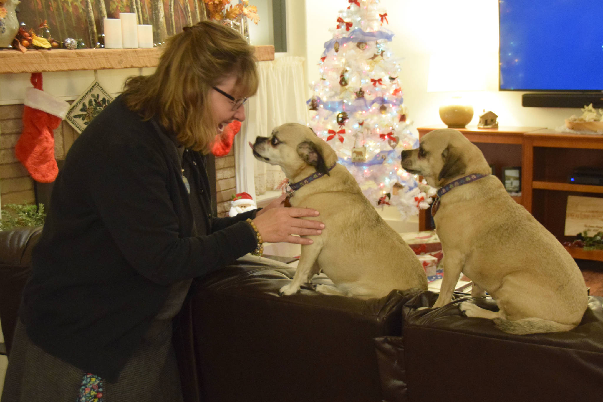 Sandy Kearns and two of her animal companions, Daisy and Lily, featured on Feb. 20, 2019 at Winter’s Grace Guidance Center in Soldotna. (Photo by Brian Mazurek/Peninsula Clarion)