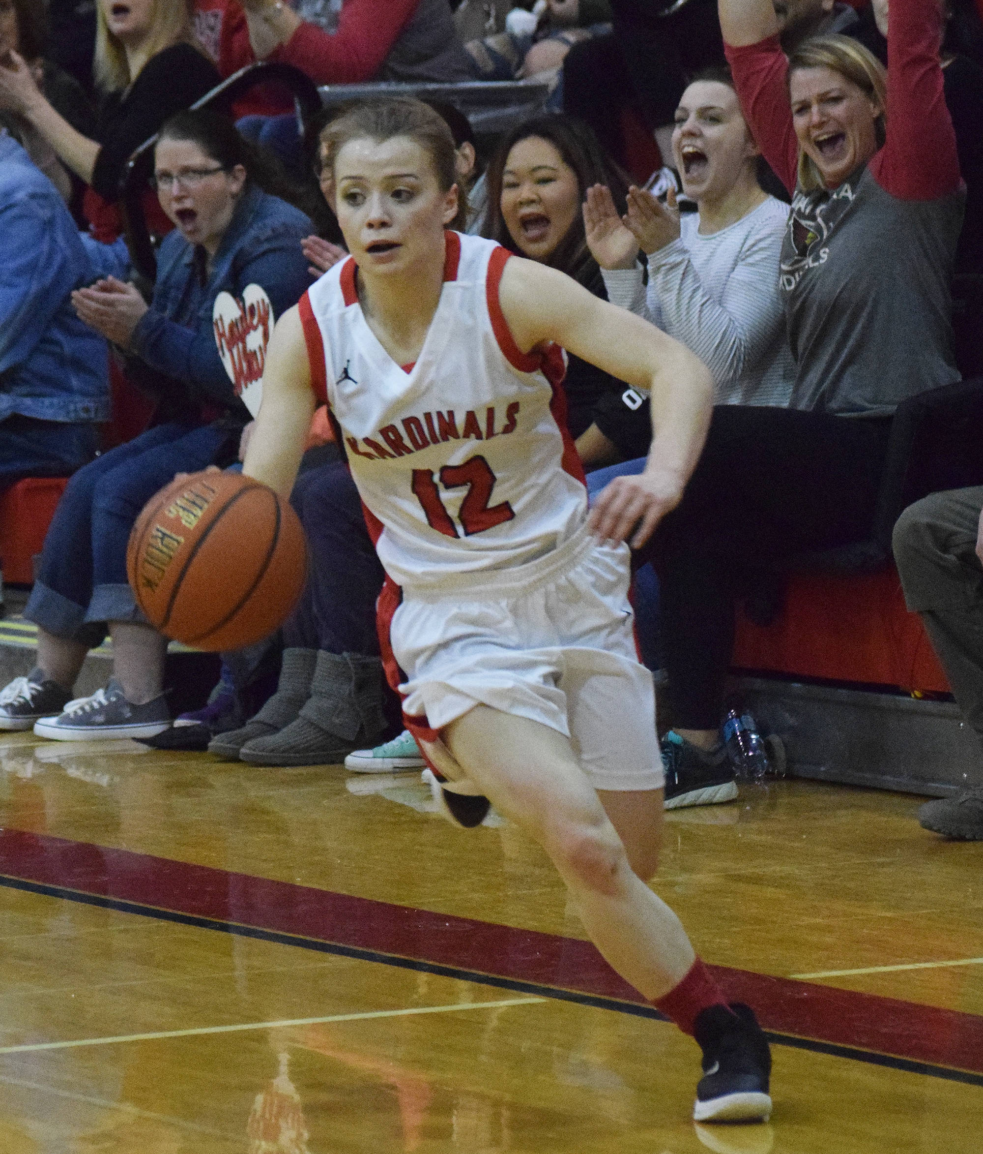 Kenai’s Hayley Maw sprints down the court after a steal Saturday against Soldotna in a nonconference clash at Kenai Central High School. (Photo by Joey Klecka/Peninsula Clarion)