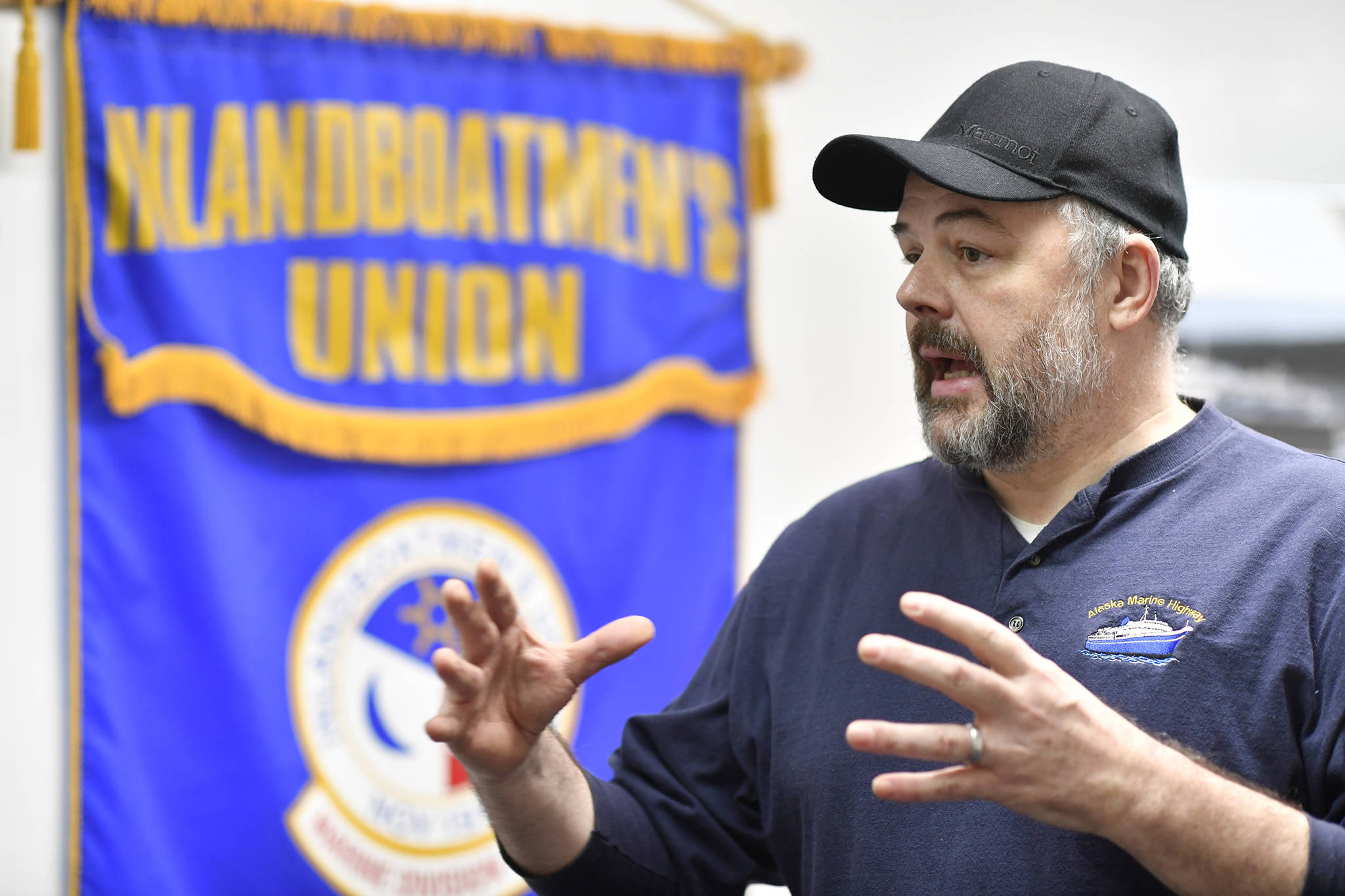 Robb Arnold, chief purser on the Alaska Marine Highway’s Malaspina ferry, talks about the proposed cuts to the ferry system on Friday, Feb. 22, 2019. (Michael Penn | Juneau Empire)