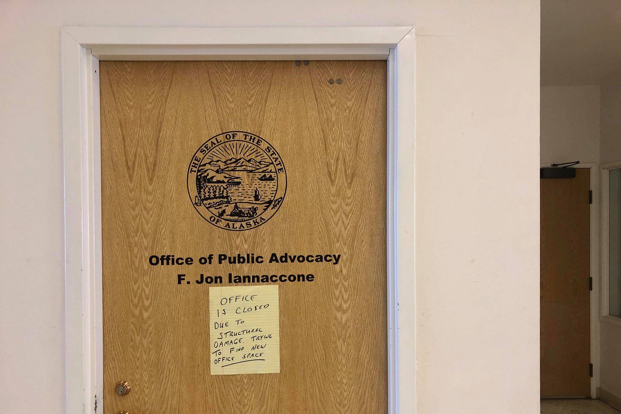 An office inside a Kenai mall is closed due to structural damage, on Tuesday, Feb. 26, 2019, in Kenai, Alaska. (Photo by Victoria Petersen/Peninsula Clarion)