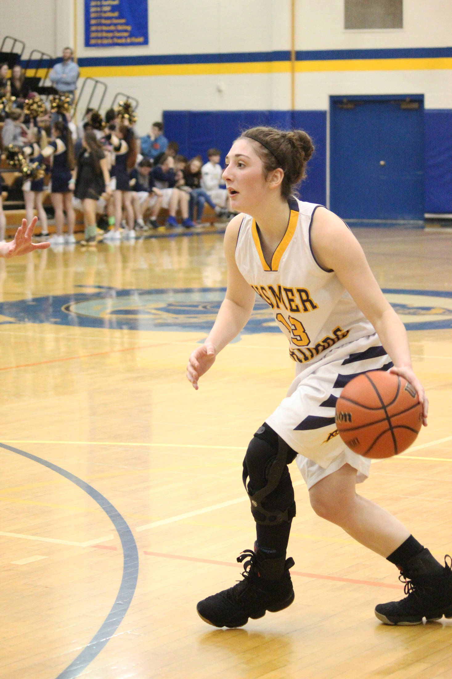 Homer’s Rylyn Todd dribbles the ball during a Friday, Feb. 22, 2019 game against Grace Christian School in Homer, Alaska. Todd was celebrated along with two other Lady Mariners for Senior Night. Grace is one of three private school teams in Region 3A basketball. (Photo by Megan Pacer/Homer News)