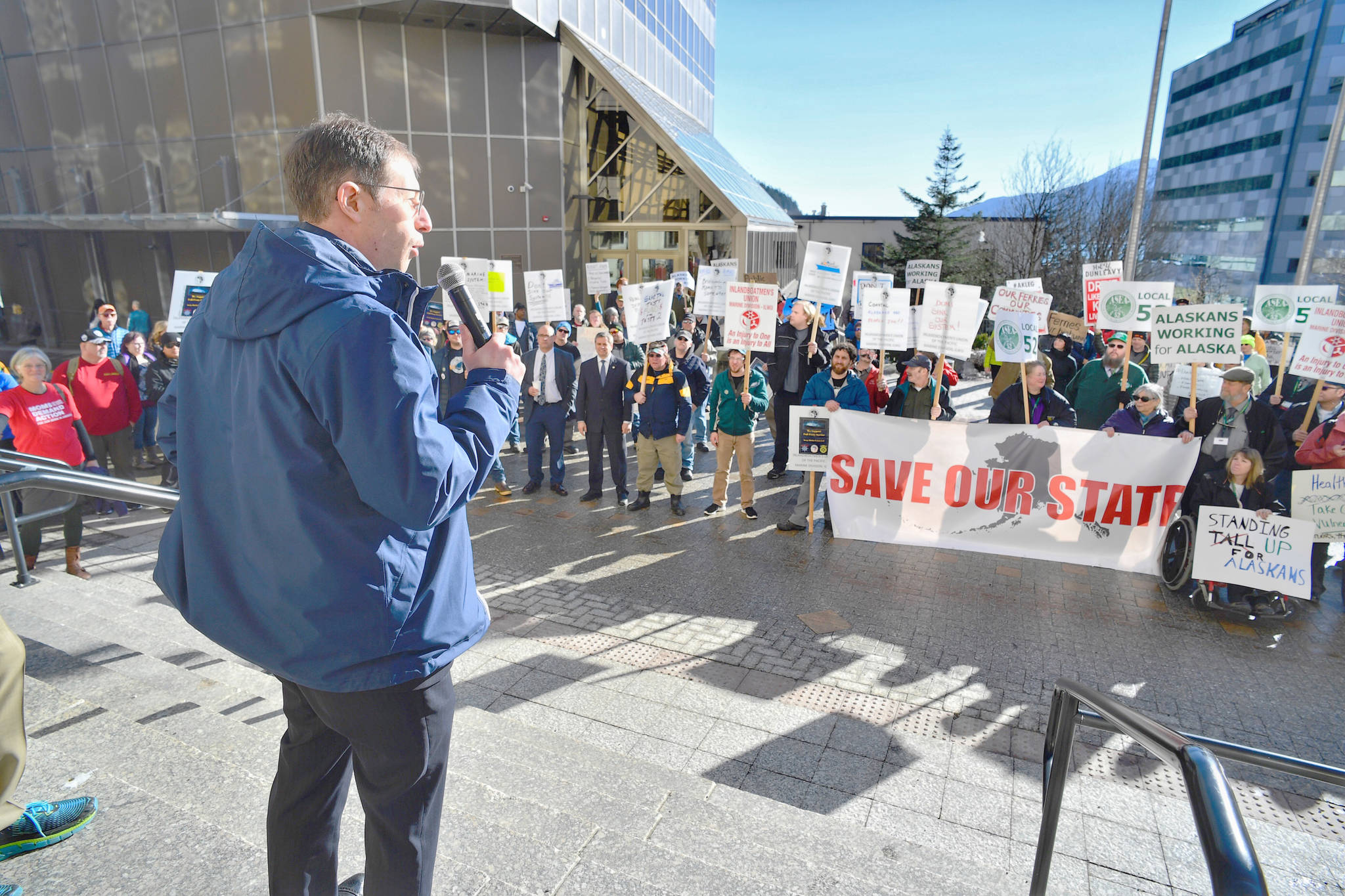 About 150 union workers and their supporters rallied in support of state wokers, in front of the Alaska State Capitol. Members of the Inland Boatman’s Union were there to support the Alaska Marine Highway System. (Kevin Baird | Juneau Empire)