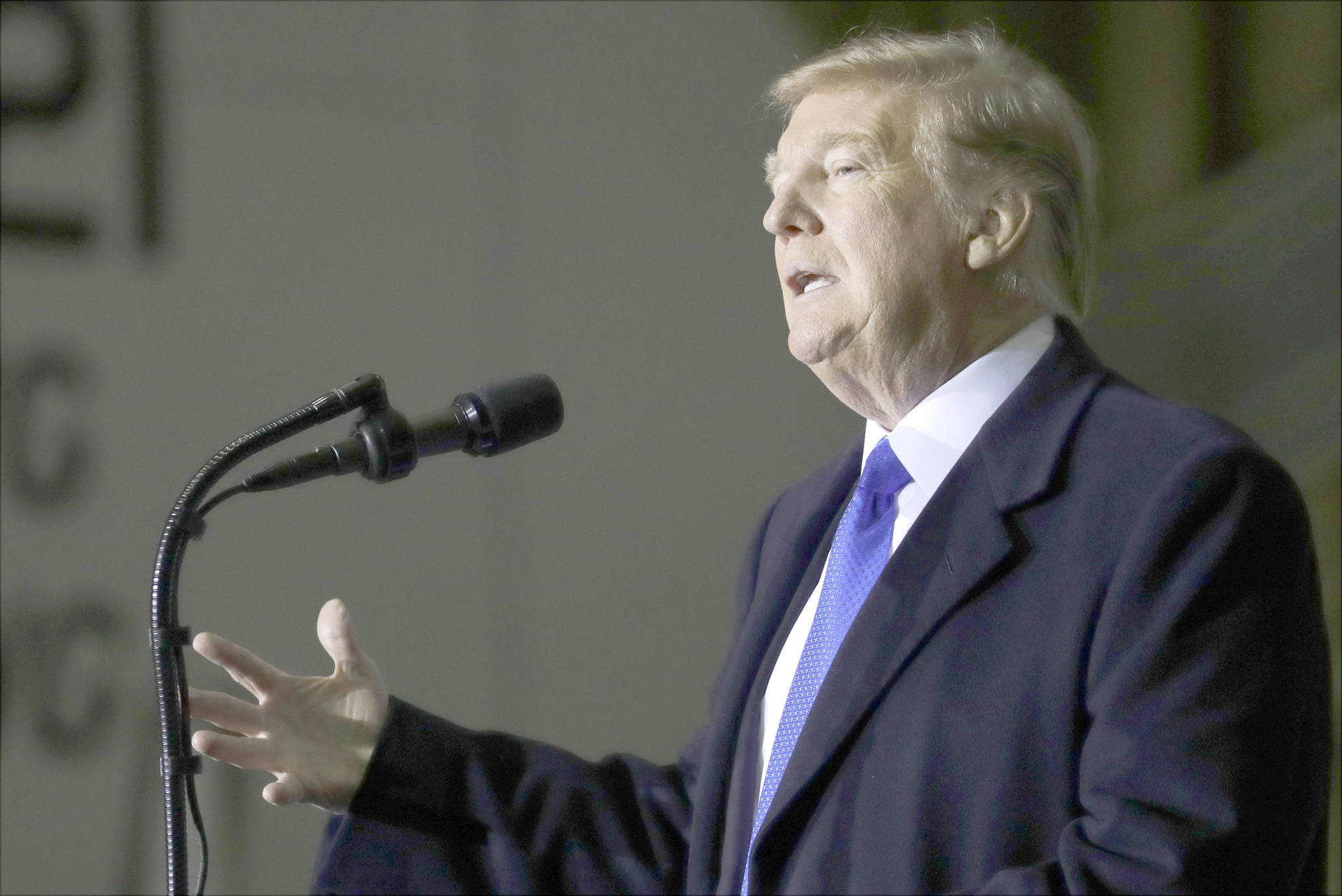 President Donald Trump speaks to service members at Joint Base Elmendorf-Richardson, Thursday, in Anchorage, during a refueling stop as he returns from Hanoi. (AP Photo/Evan Vucci)