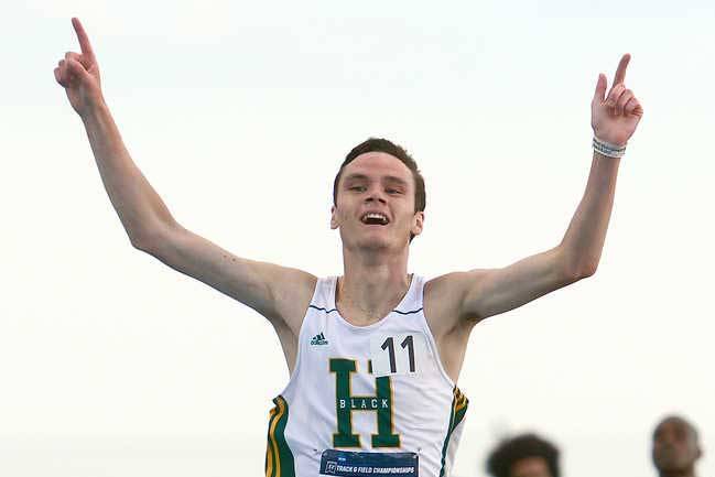 Black Hills State University freshman and 2015 Kenai Central graduate Jonah Theisen celebrates winning the 3,000-meter steeplechase at the NCAA Division II Track and Field Championships in May 2016 in Bradenton, Florida. (Photo provided by Black Hills State University)