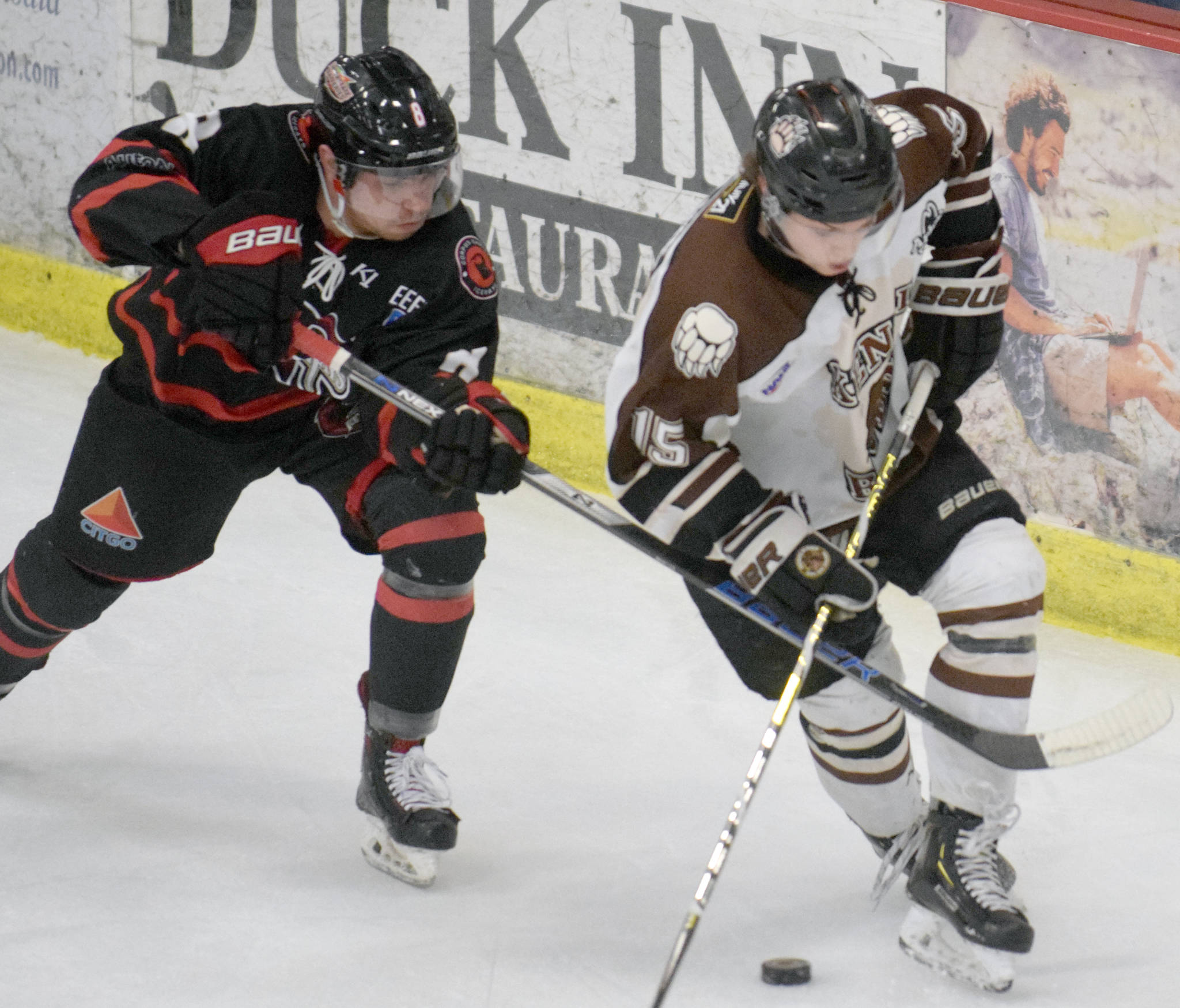 Kenai River Brown Bears forward Cody Moline works the puck past Corpus Christi (Texas) Ice Rays forward Anthony Yurkins on Friday, Feb. 8, 2019, at the Soldotna Regional Sports Complex. (Photo by Jeff Helminiak/Peninsula Clarion)