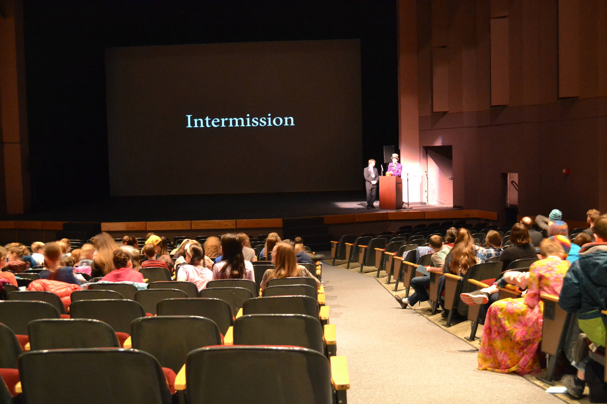 Students, parents and teachers gathered to watch dozens of student-made films in the Kenai Central High School auditorium for the Kenai Peninsula Borough School District 2019 film festival on Thursday, March 7, 2019, in Kenai, Alaska. (Photo by Victoria Petersen/Peninsula Clarion)
