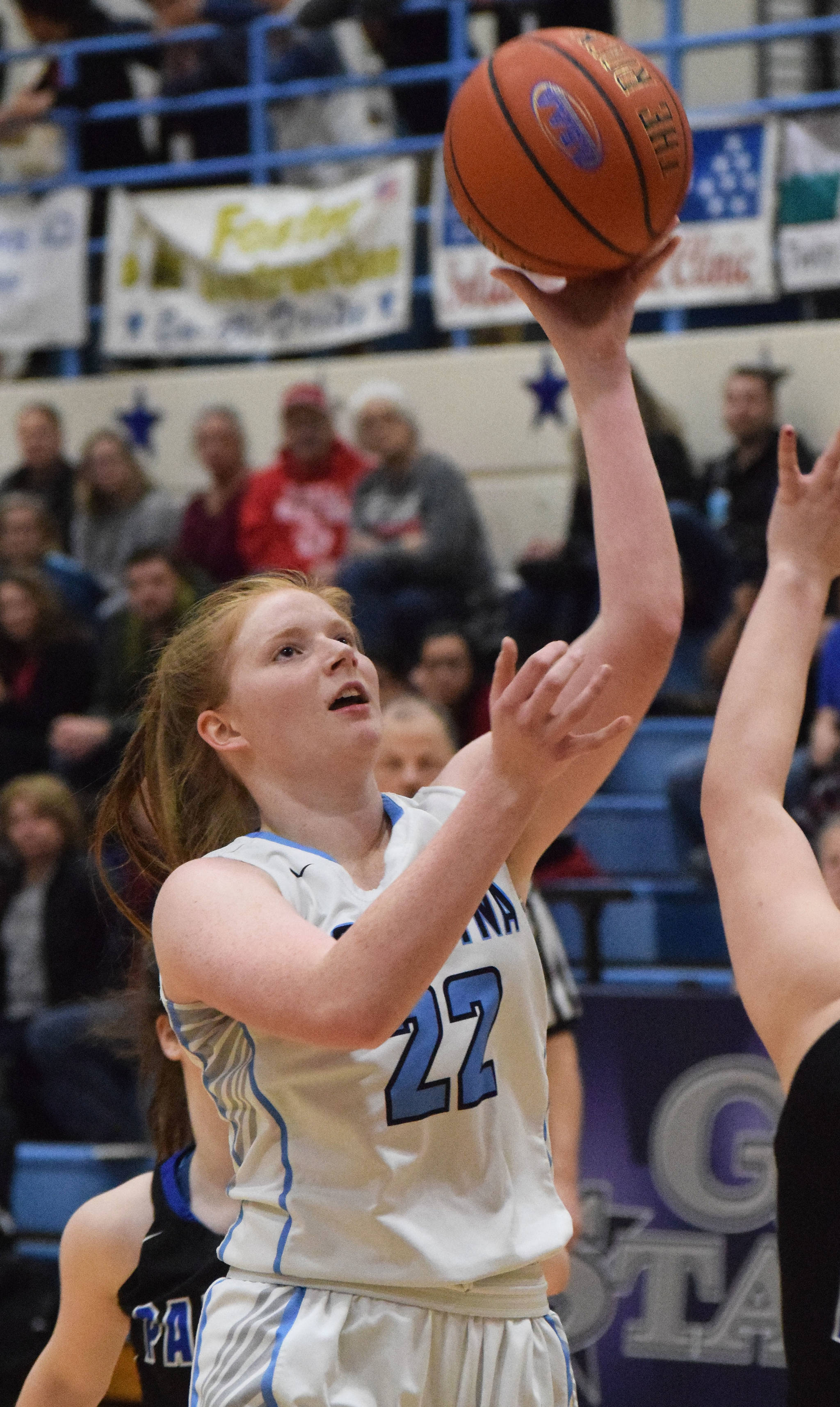 Soldotna’s Kianna Holland takes a shot Friday night in the Northern Lights Conference semifinals against Palmer at Soldotna High School. (Photo by Joey Klecka/Peninsula Clarion)