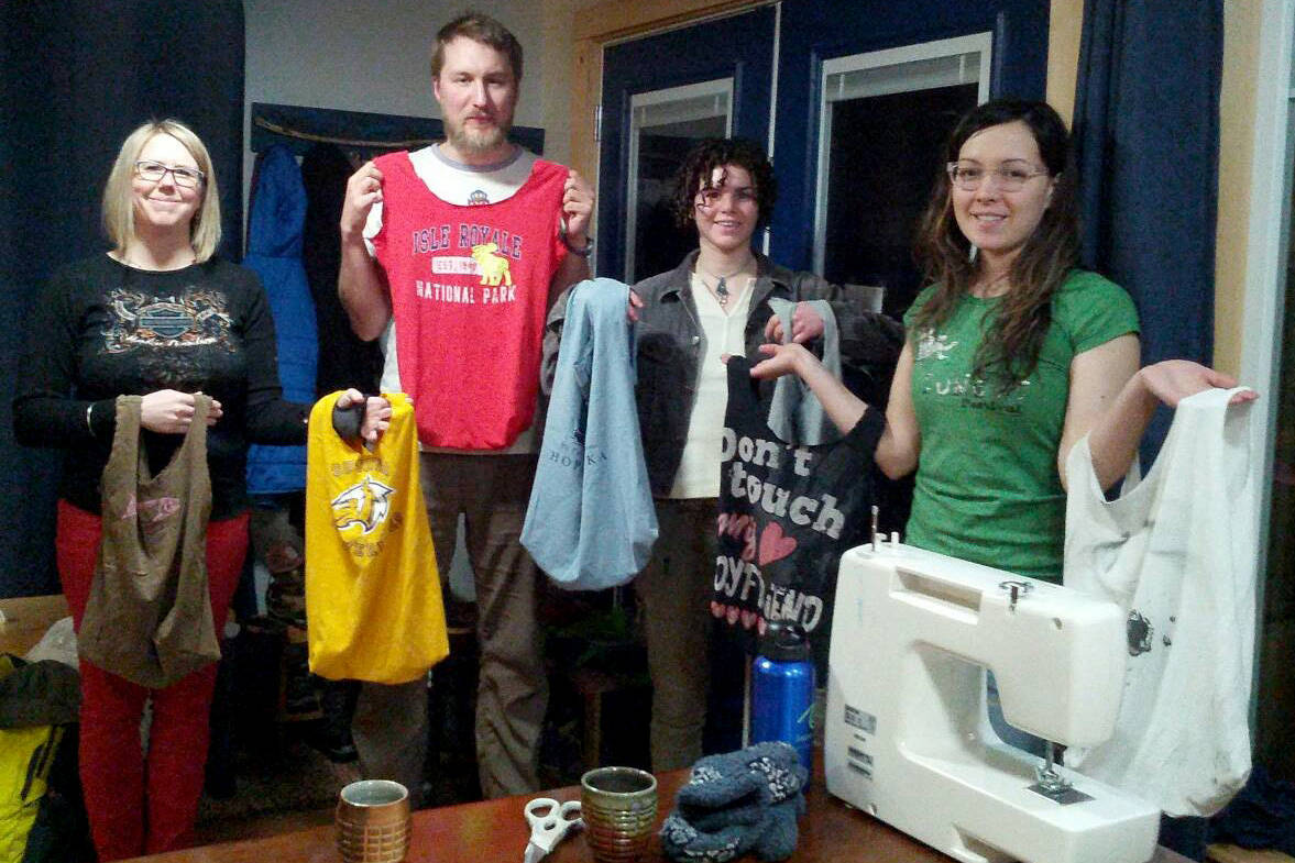 Sustainable Seward members host sewing groups to create repurpose t-shirts into reusable shopping bags. (Photo courtesy of Jennny Nakao).