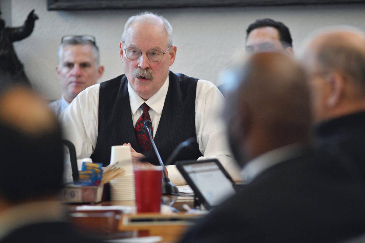 In this file photo, Sen. Bert Stedman, R-Sitka, Co-Chair of the Senate Finance Committee, raises his concerns about the proposed lack of funding for the Alaska Marine Highway System at the Capitol on Feb. 19. Major cuts to fuel for the ferries could effectively shut the transportation system down. (Michael Penn/Juneau Empire)