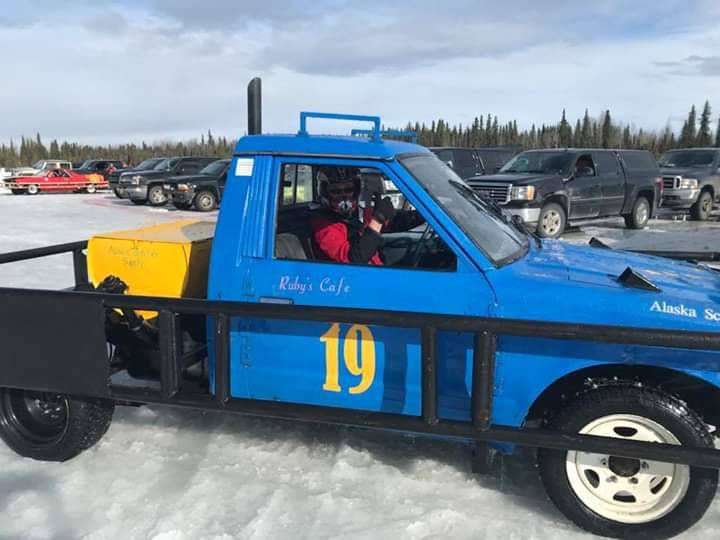 Old Timers Race winner Herff Keith makes his way to the track. (Photo provided by Kenai Peninsula Ice Race Association)