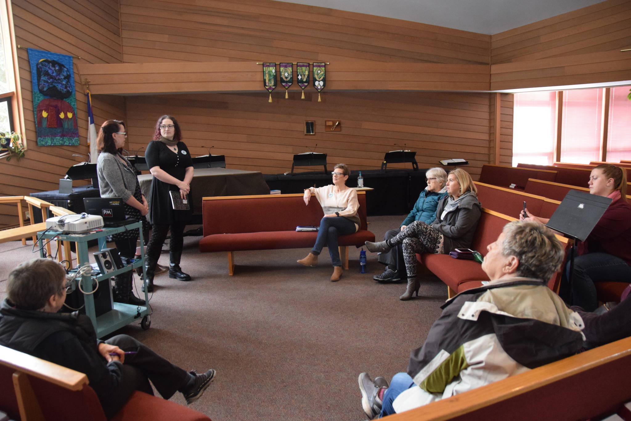 Community United for Safety and Protection (CUSP), a state advocacy group, meets with members of the community at the Christ Lutheran Church in Soldotna on Monday. (Photo by Brian Mazurek/Peninsula Clarion)