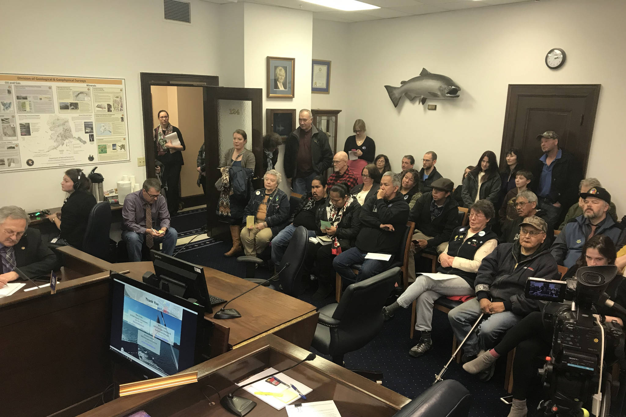 People pack the room to give public testimony on the Alaska Marine Highway System in the House Transportation and Public Facilities committee on March, 12, 2019. (Alex McCarthy | Juneau Empire)