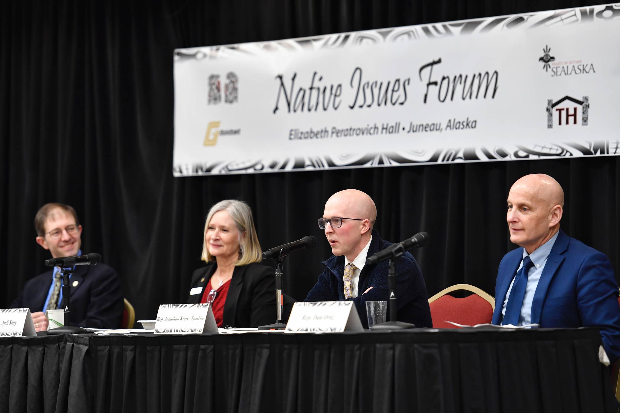 Sen. Jesse Kiehl, D-Juneau, left, Rep. Andi Story, D-Juneau, Rep. Jonathan Kreiss-Tompkins, D-Sitka, and Rep. Dan Ortiz, I-Ketchikan, right, speak at the Native Issues Forum in the Elizabeth Peratrovich Hall on Wednesday, March 13, 2019. (Michael Penn | Juneau Empire)