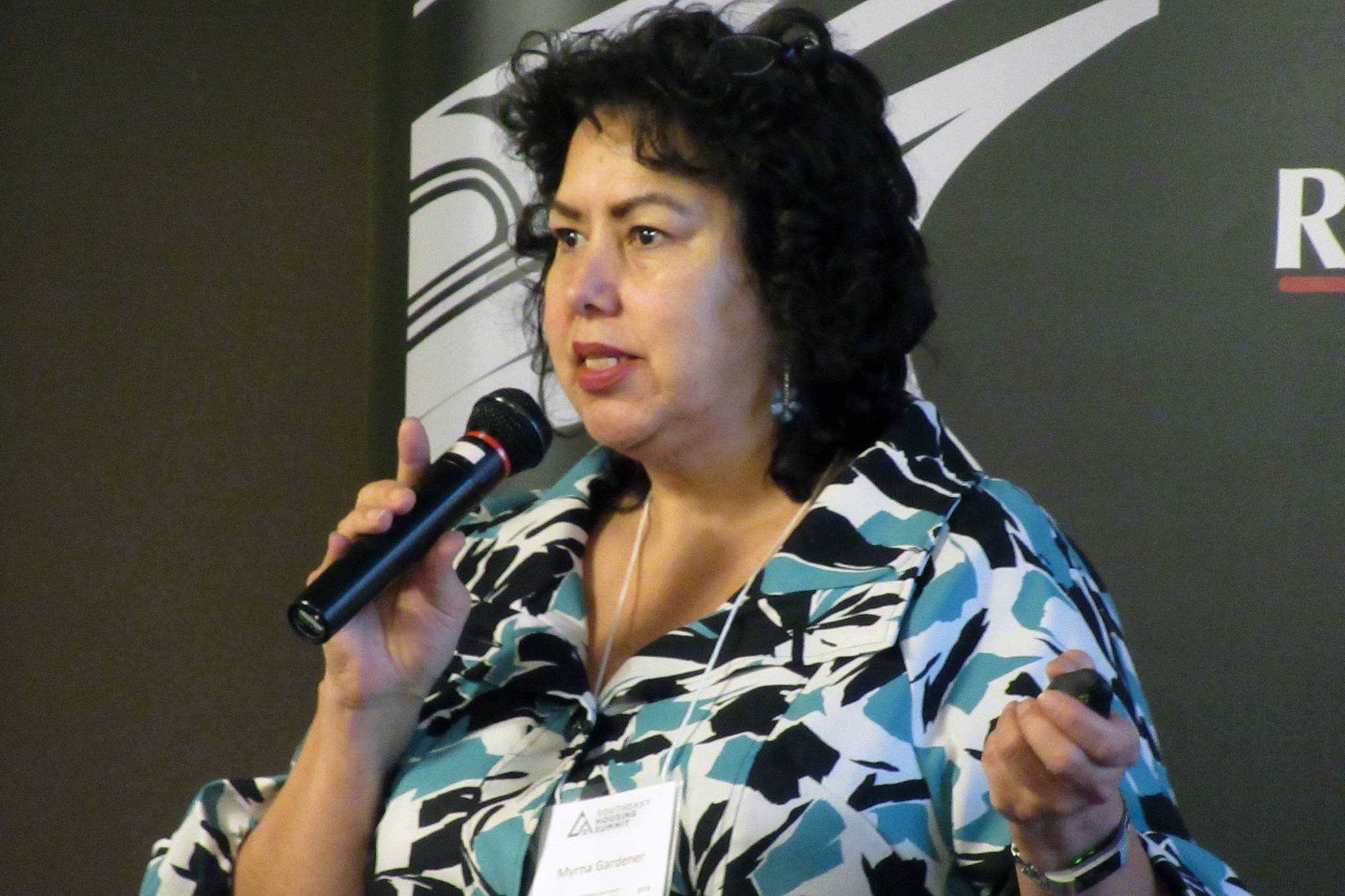 Myrna Gardner, tribal partnership specialist for the U.S. Census Bureau, said Alaska’s low census response rate is costing the state millions every year during a presentation at Southeast Housing Summit, Thursday, March 14, 2019. *Ben Hohenstatt | Juneau Empire)