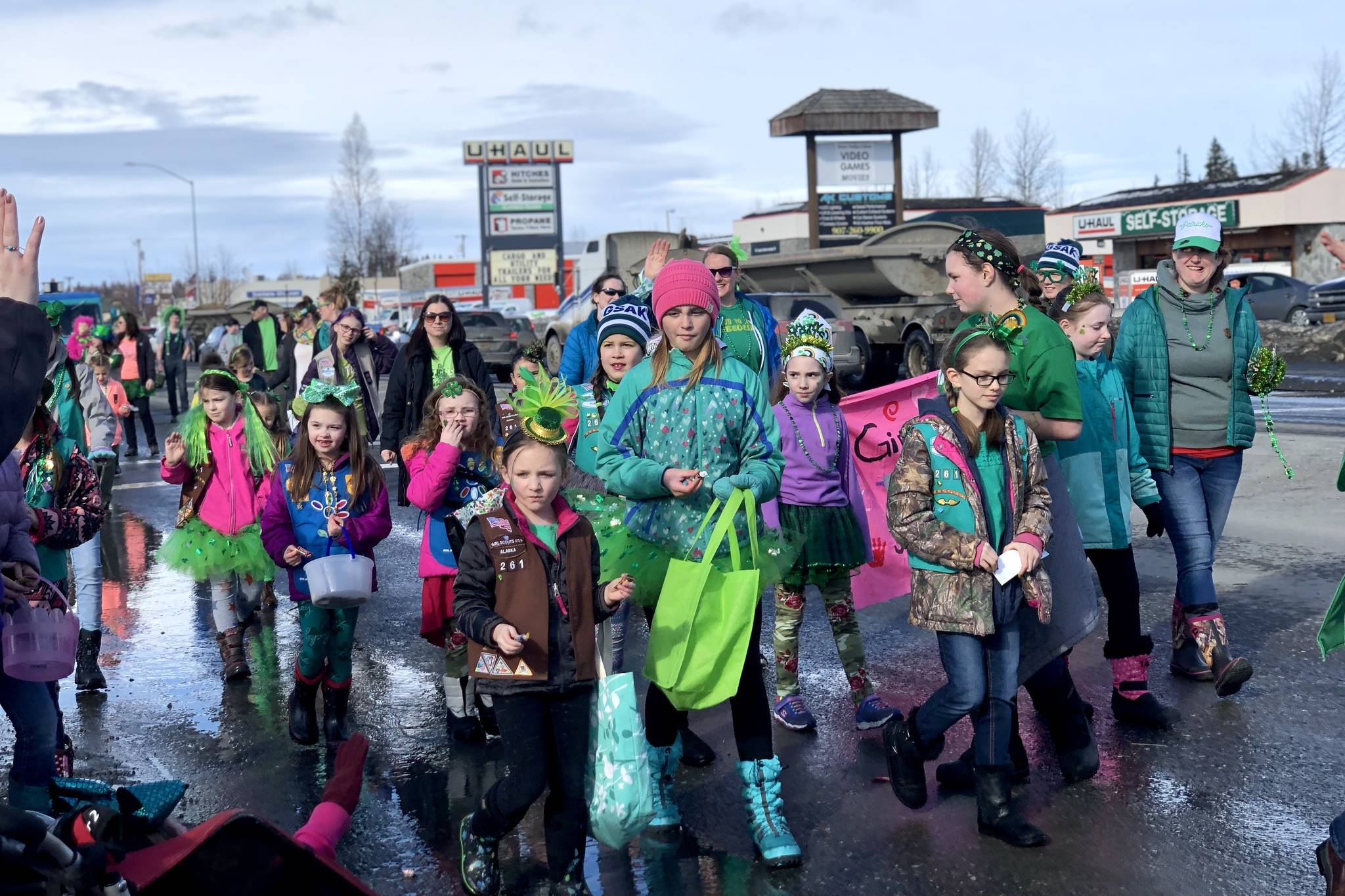 Girl Scout Troop 210 came to represent themselves in Soldotna’s St. Patrick’s Day Parade on Sunday, March 17, 2019, in Soldotna, Alaska. (Photo by Victoria Petersen/Peninsula Clarion)