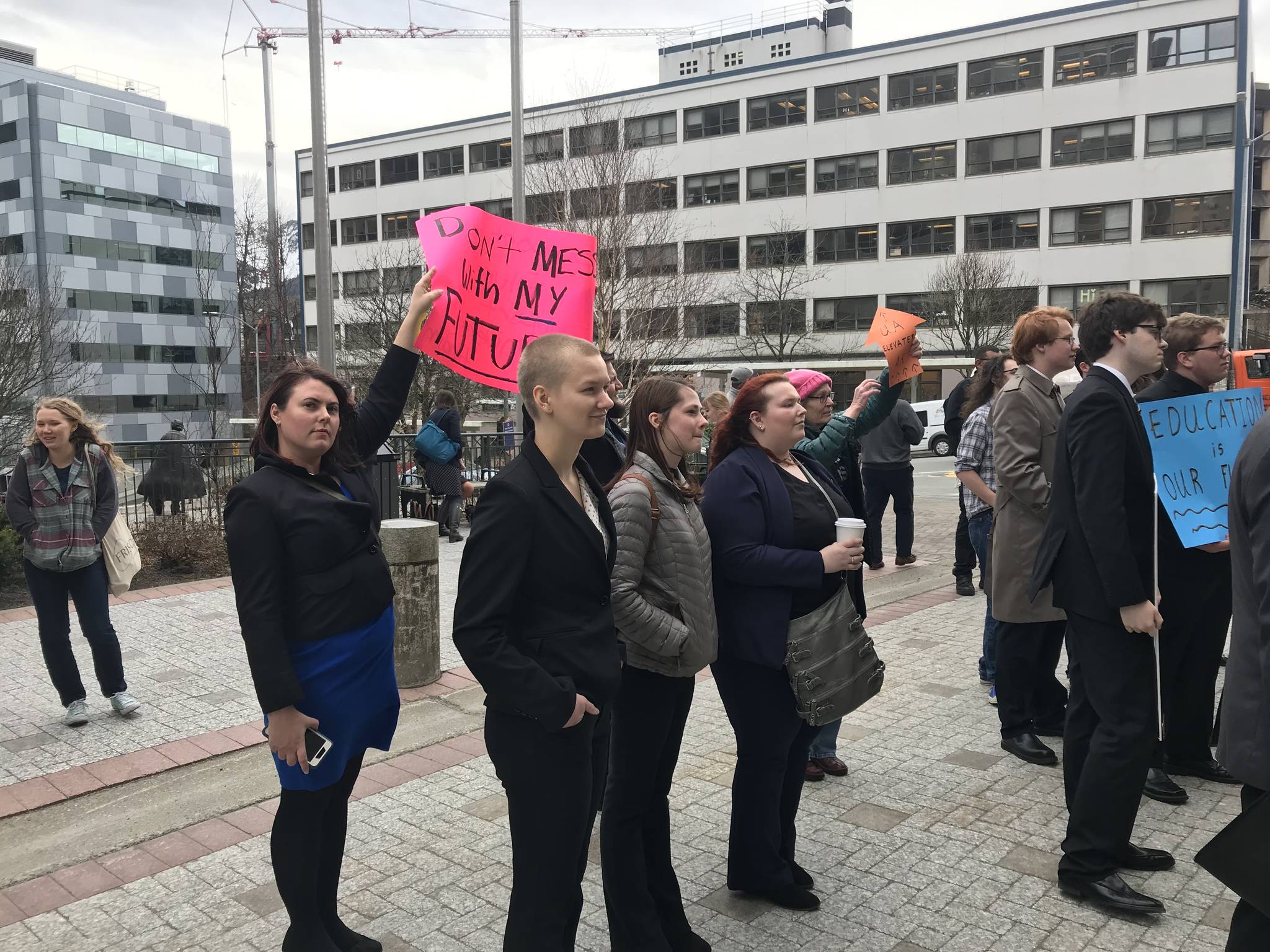 University of Alaska students rally in front of the Alaska State Capitol on March 18, 2019. (Mollie Barnes | Juneau Empire)