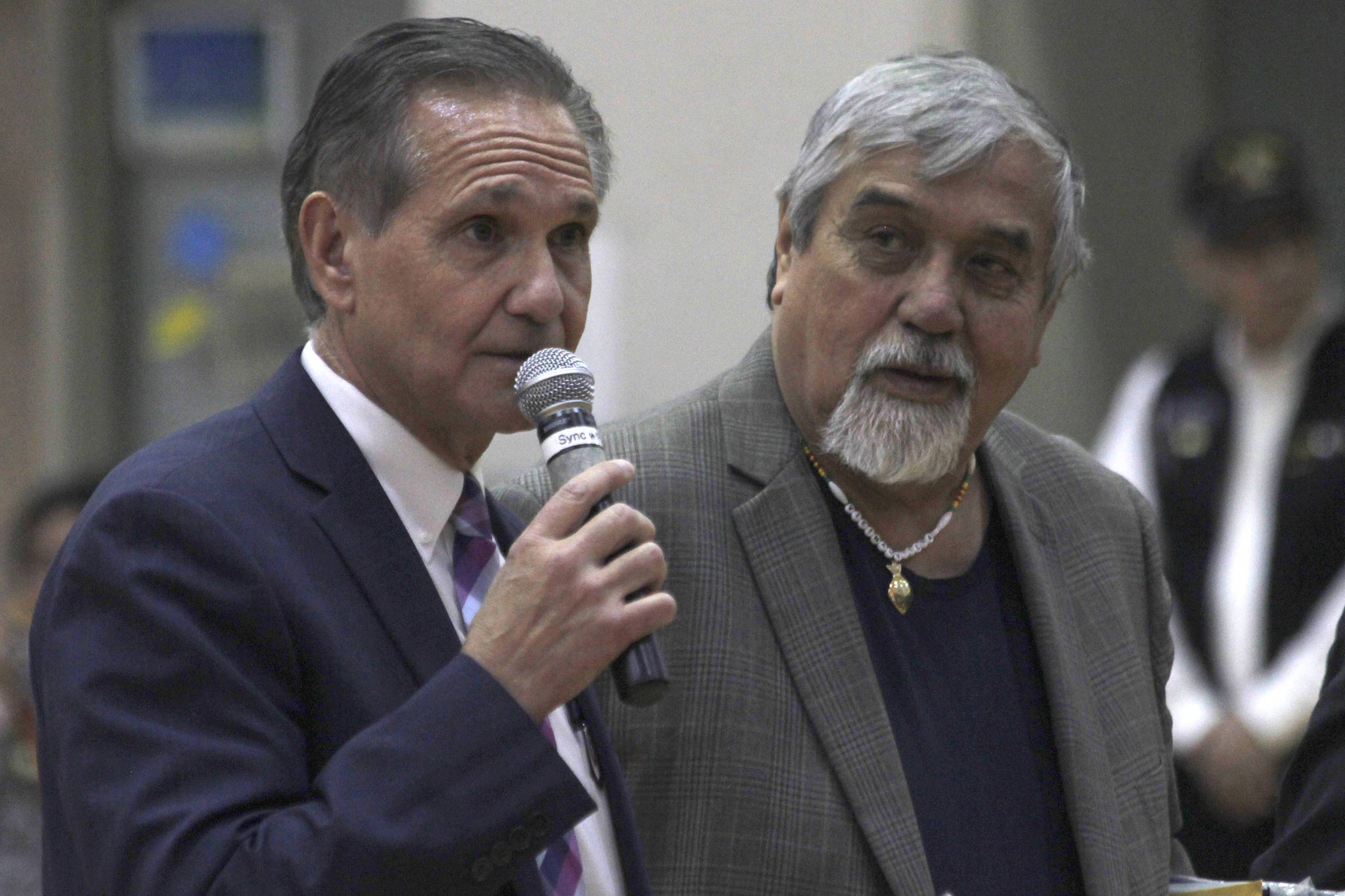 Lt. Gov. Kevin Meyer, left, speaks next to former legislator Bill Thomas during a ceremony honoring five Tlingit code talkers on Monday, March 18, 2019. (Alex McCarthy | Juneau Empire)