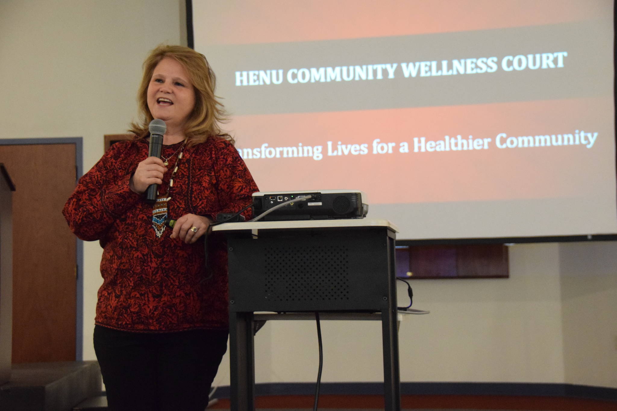 Judge Susan Wells gives a presentation about the Henu Community Wellness Court during the Kenai Chamber of Commerce Luncheon at the Visitor’s Center in Kenai, Alaska, on March 20, 2019. (Photo by Brian Mazurek/Peninsula Clarion)