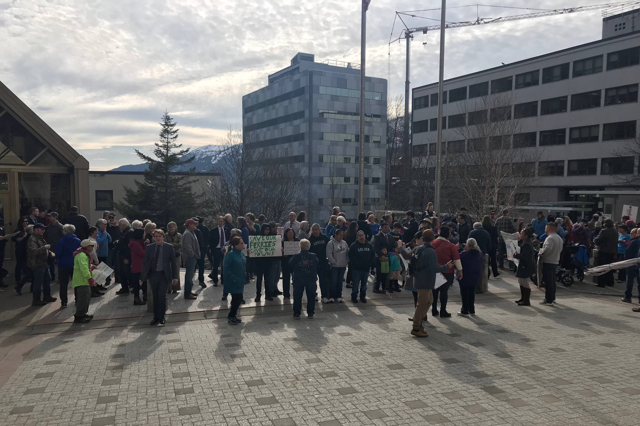 The scene in front of the Capitol on Wednesday, March 20, 2019 for the Alaska Public Employees Association’s Save the Alaska Marine Highway System rally. (Mollie Barnes | Juneau Empire)