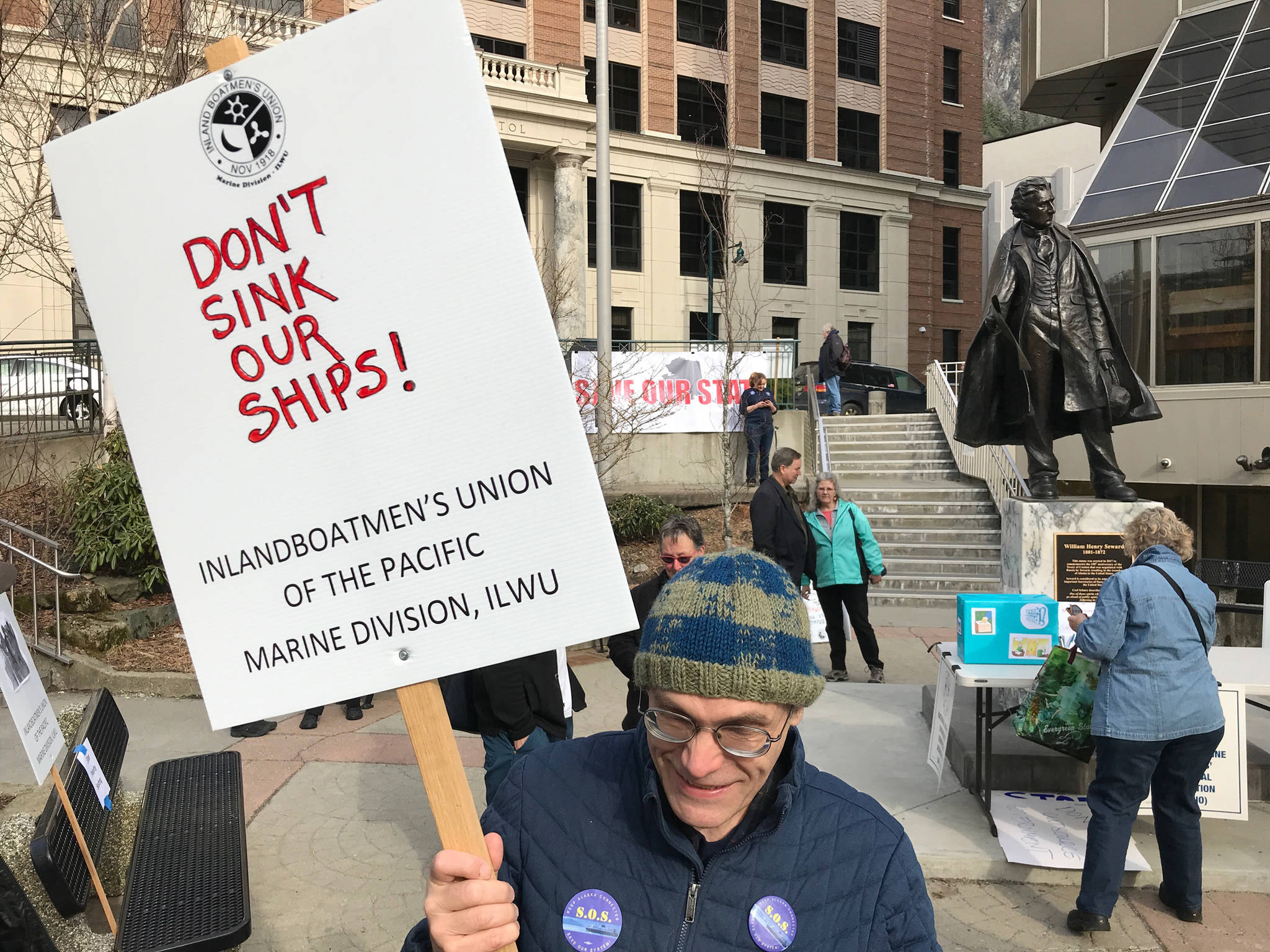 Tony Tengs, a retired ferry worker, attends the Alaska Public Employees Association’s Save the Alaska Marine Highway System rally in front of the Capitol on Wednesday, March 20, 2019. (Michael Penn | Juneau Empire)