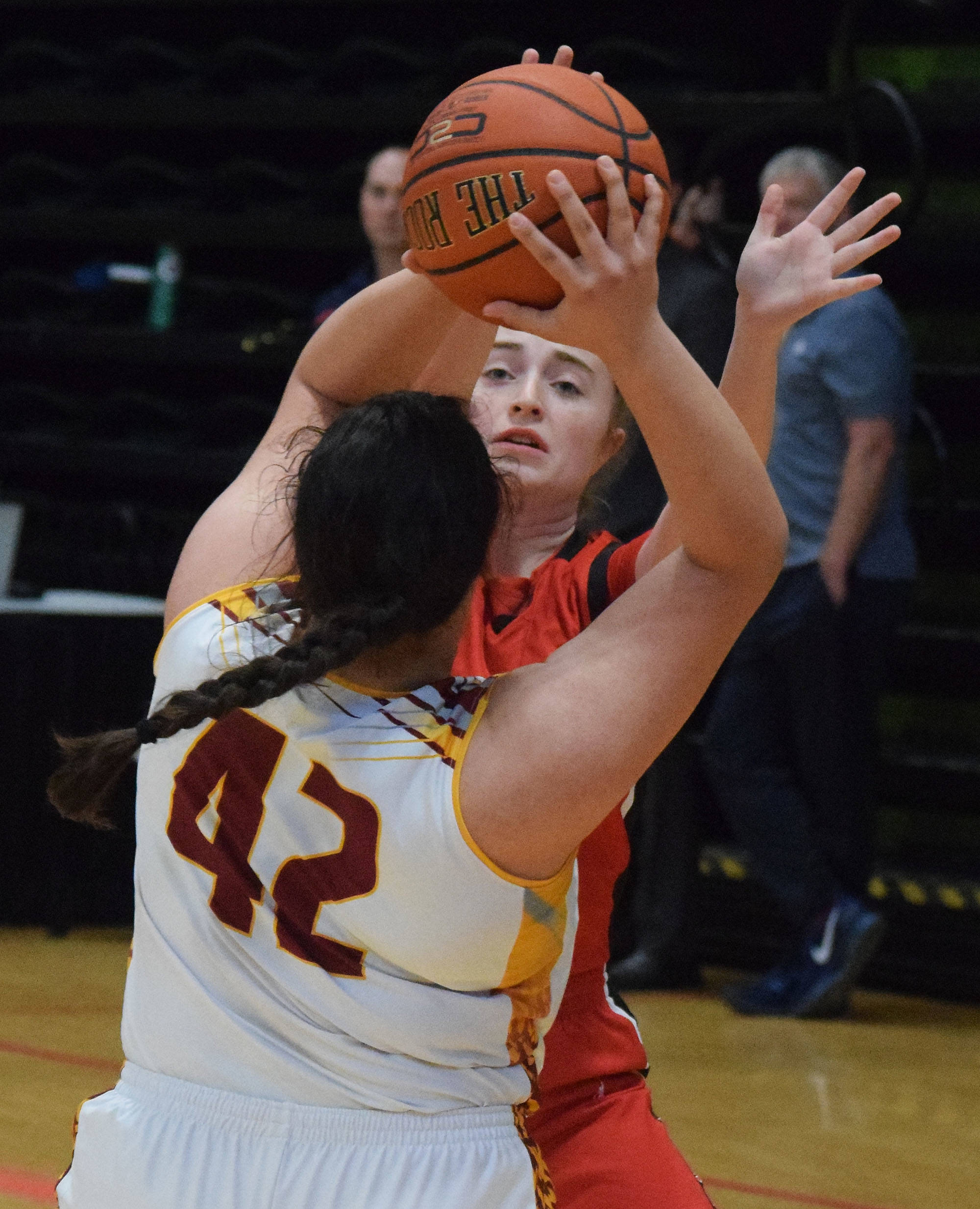 Kenai’s Liz Hanson guards Mt. Edgecumbe’s Maggie Miller (42) Thursday, Mar. 21, 2019, at the Class 3A state championship tournament at the Alaska Airlines Center in Anchorage. (Photo by Joey Klecka/Peninsula Clarion)