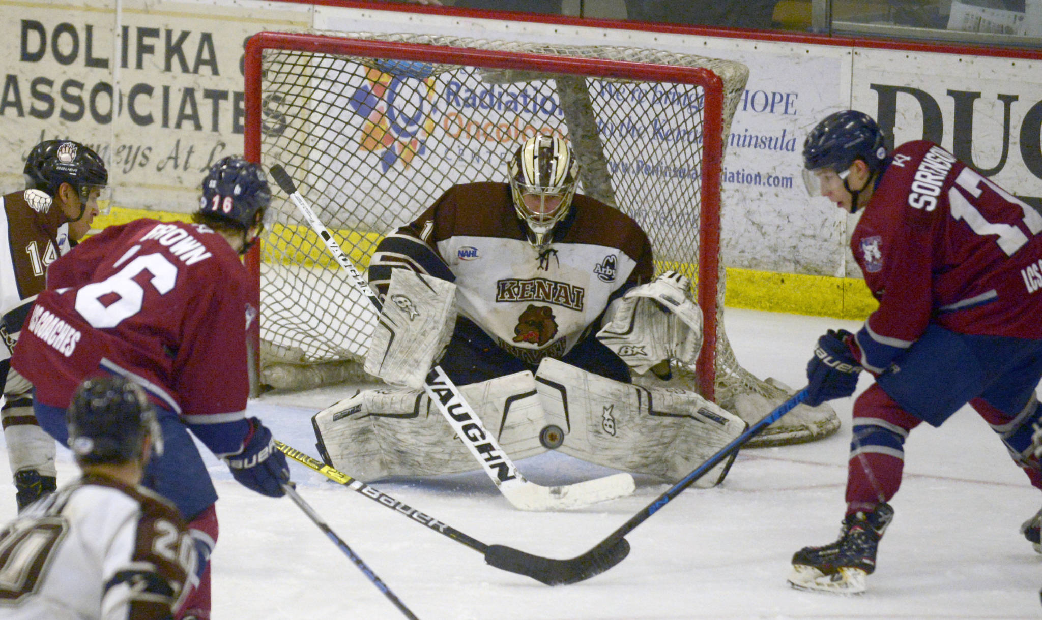 Kenai River Brown Bears goaltender Gavin Enright tracks the puck in front of Bears defenseman Ryan Reid and Fairbanks Ice Dogs forwards Parker Brown and Jonathan Sorenson on Friday at the Soldotna Regional Sports Complex. (Photo by Jeff Helminiak/Peninsula Clarion)