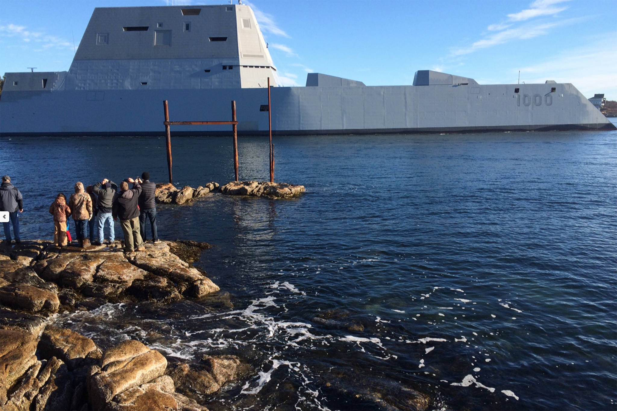 The future USS Zumwalt, pictured here underway for the first time conducting at-sea tests and trials on the Kennebeck River, made a stop in Ketchikan Saturday, March 23. ( Courtesy Photo | U.S. Navy photo)