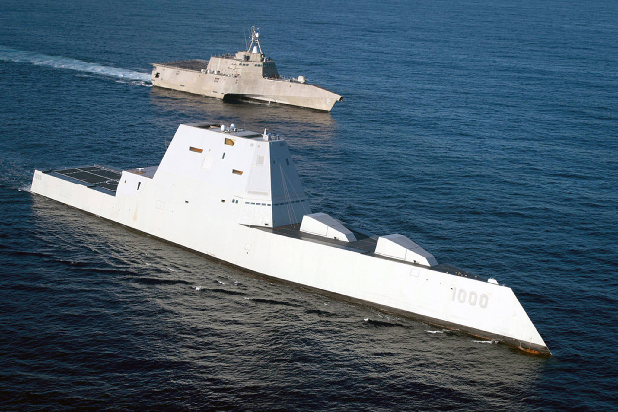 The guided-missile destroyer USS Zumwalt, left, is underway in formation with the littoral combat ship USS Independence on the final leg of its three-month journey to its new homeport in San Diego. The USS Zumwalt arrived in Ketchikan Saturday. (Courtesy Photo |U.S. Navy photo by Petty Officer 1st Class Ace Rheaume)