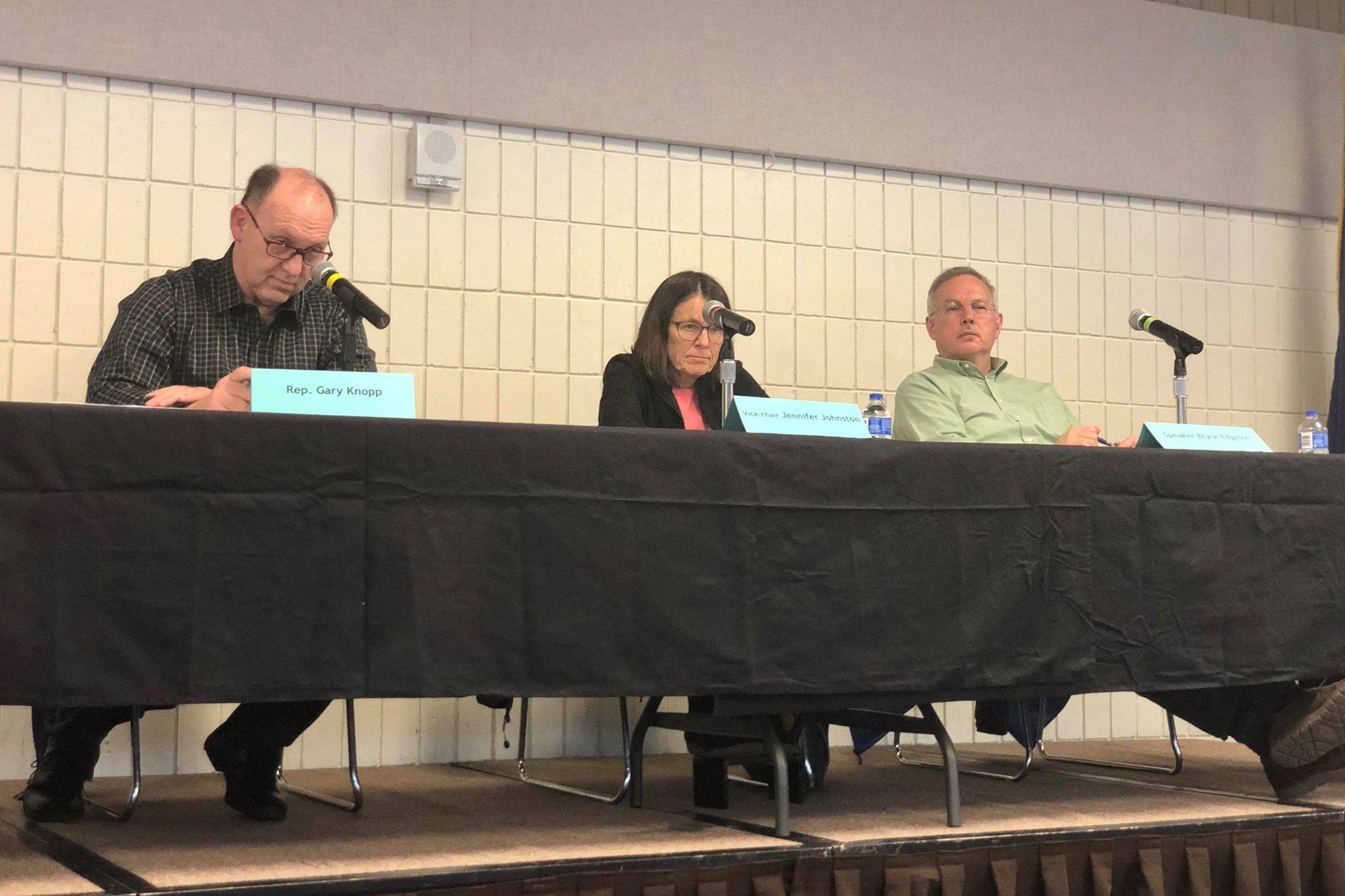 Rep. Gary Knopp (R-Kenai/Soldotna), House Speaker Bryce Edgmon (I-Dillingham) and Vice-Chair of the House Finance Committee Jennifer Johnston (R-Anchorage) listen to public testimony at a local House Finance Committee meeting at the Soldotna Regional Sports Complex on Saturday, March 23, 2019, in Soldotna, Alaska. (Photo by Victoria Petersen/Peninsula Clarion)