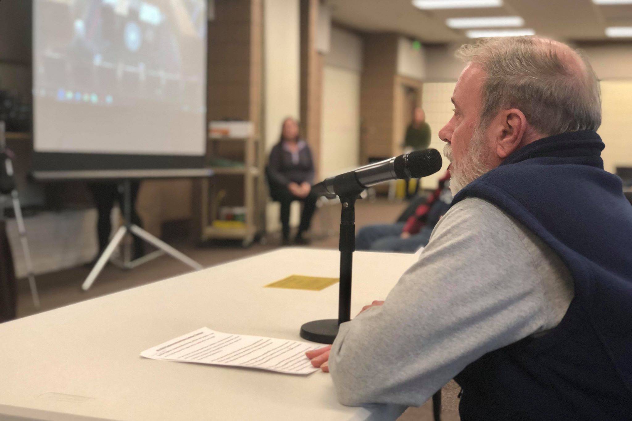 Kenai Peninsula College Director Gary Turner speaks to the House Finance Committee members in against cuts to the University of Alaska on Saturday, March 23, 2019, at the Soldotna Regional Sports Complex in Soldotna, Alaska. (Photo by Victoria Petersen/Peninsula Clarion)